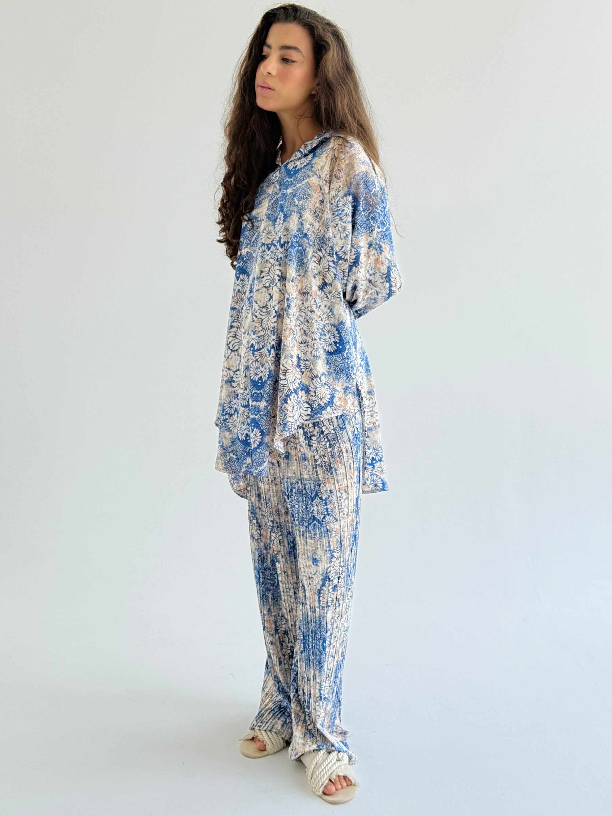 Blue Satin Pleated Set