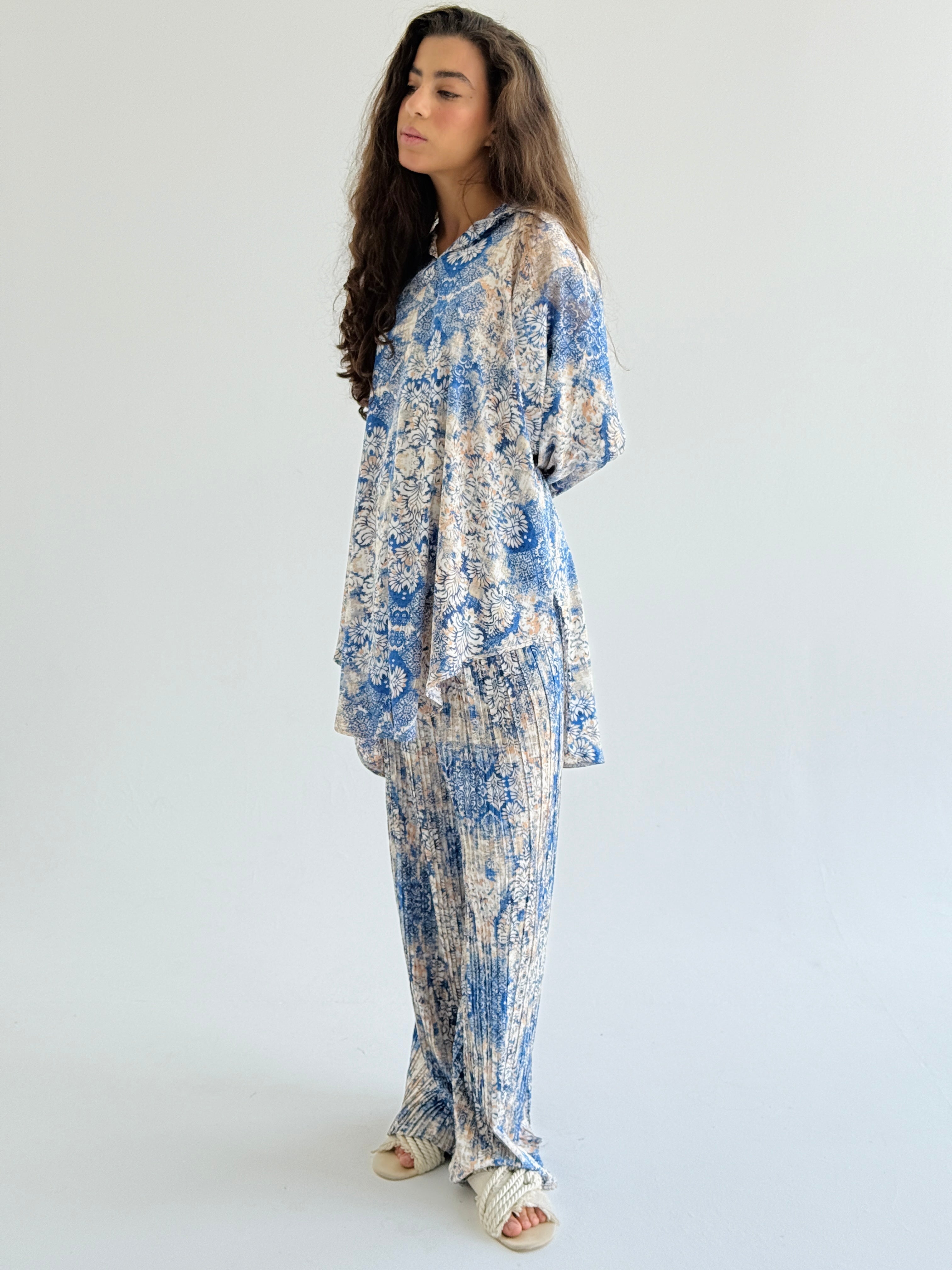 Blue Satin Pleated Set