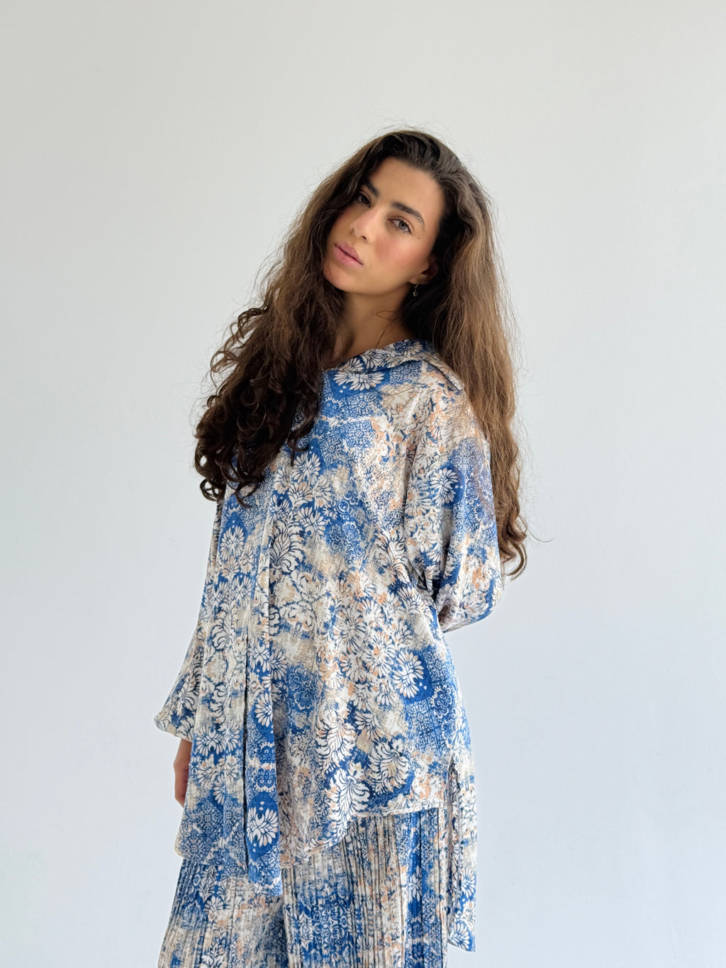 Blue Satin Pleated Set