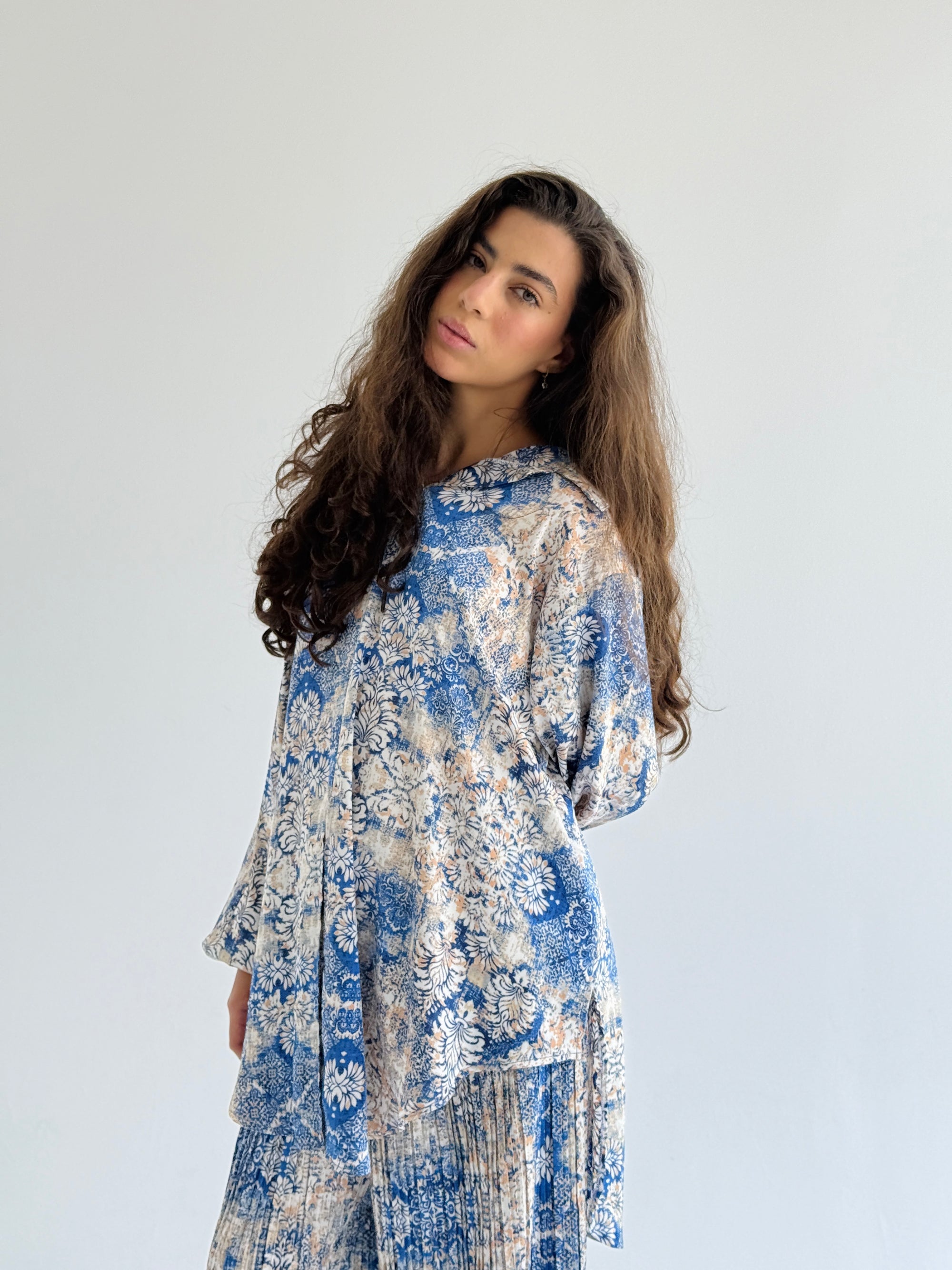 Blue Satin Pleated Set