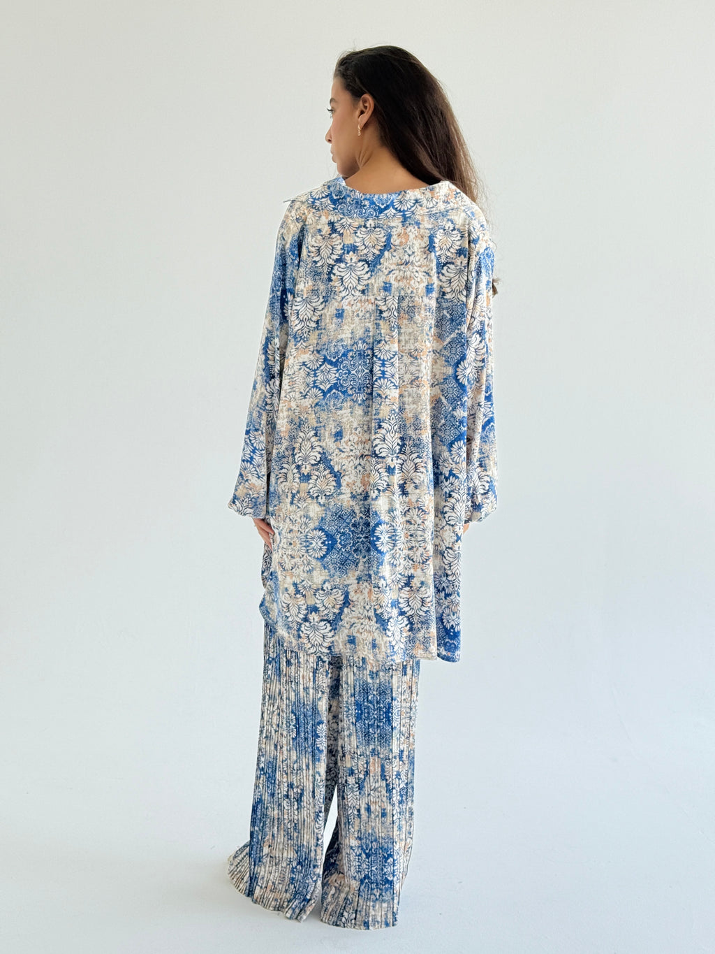 Blue Satin Pleated Set