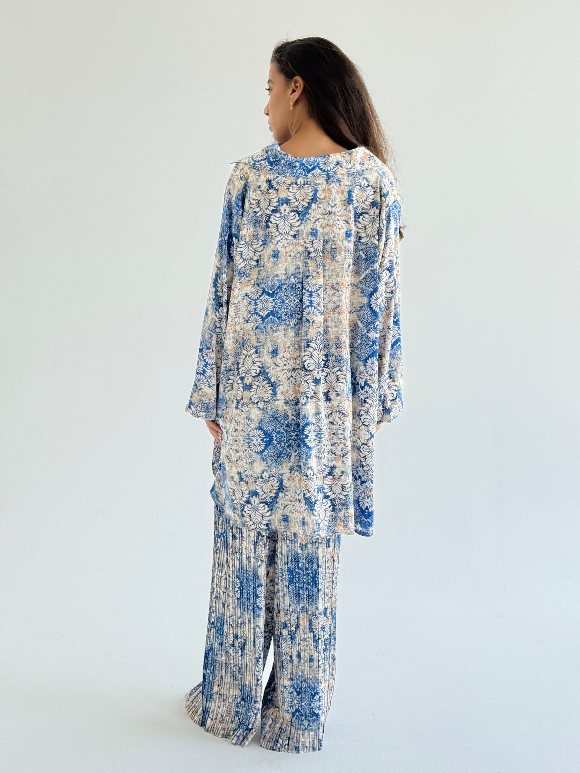 Blue Satin Pleated Set