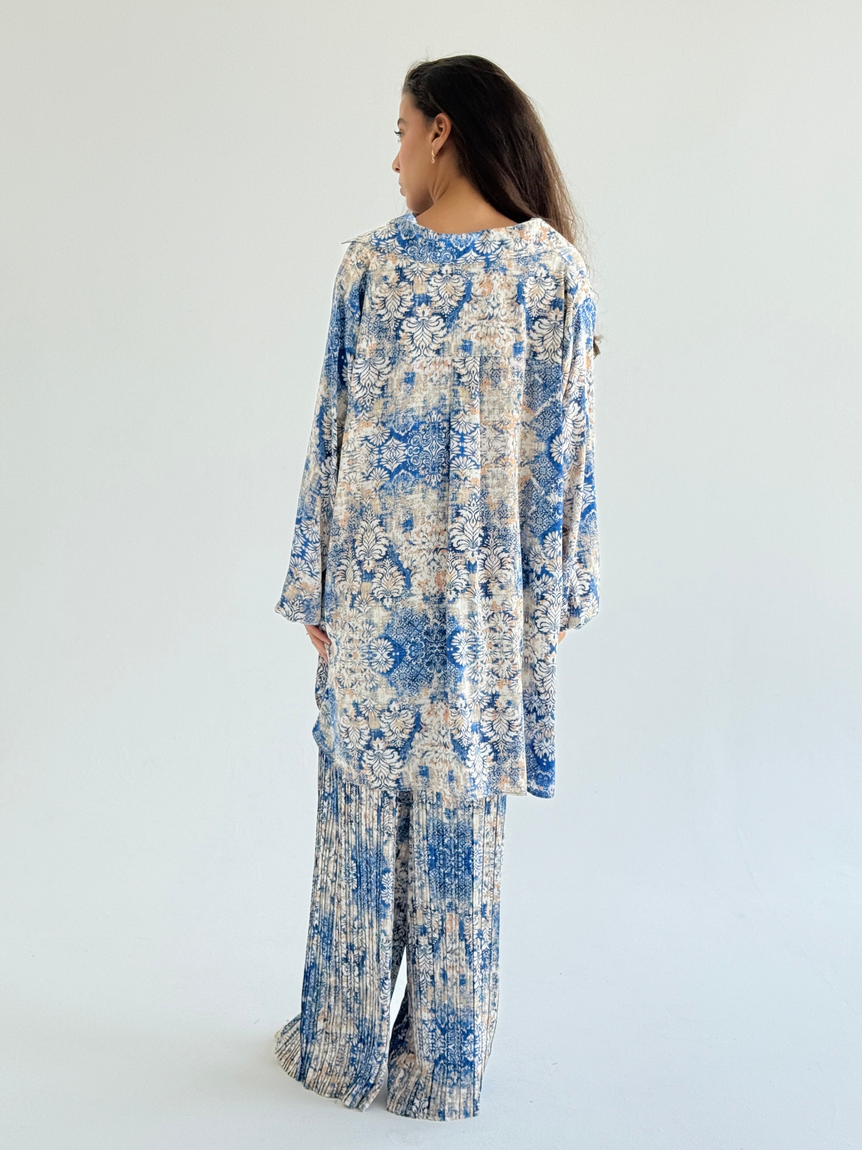 Blue Satin Pleated Set