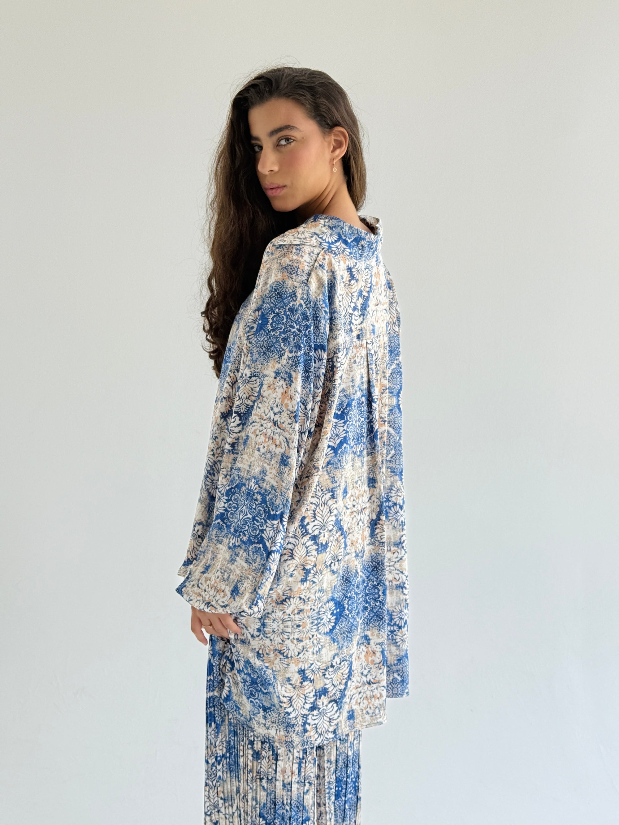 Blue Satin Pleated Set