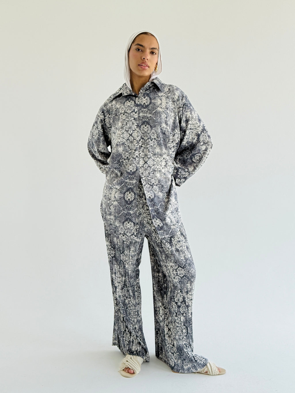 Grey Satin Pleated Set