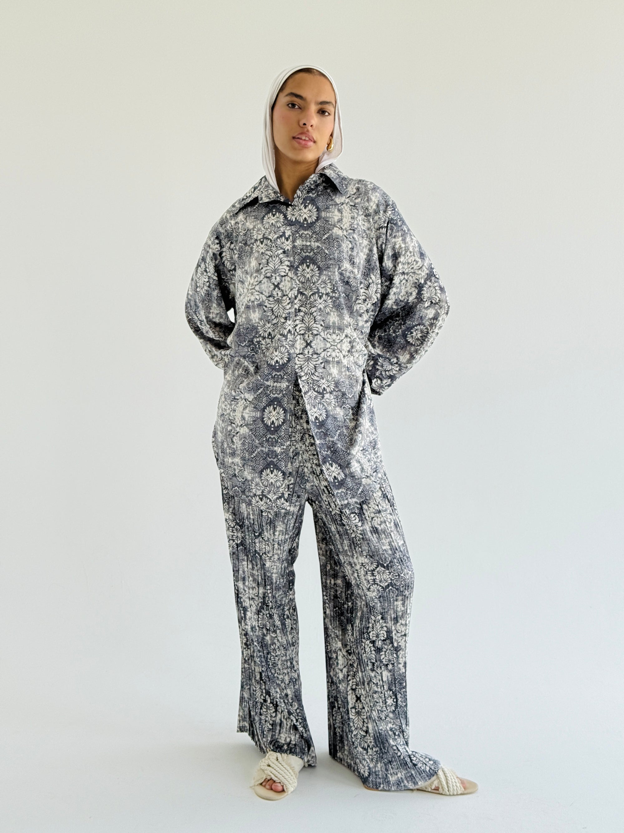 Grey Satin Pleated Set