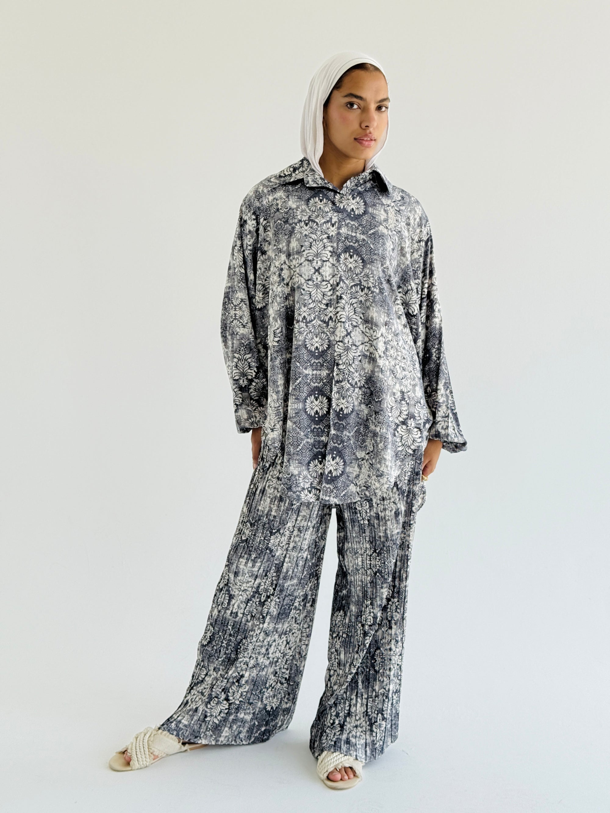 Grey Satin Pleated Set