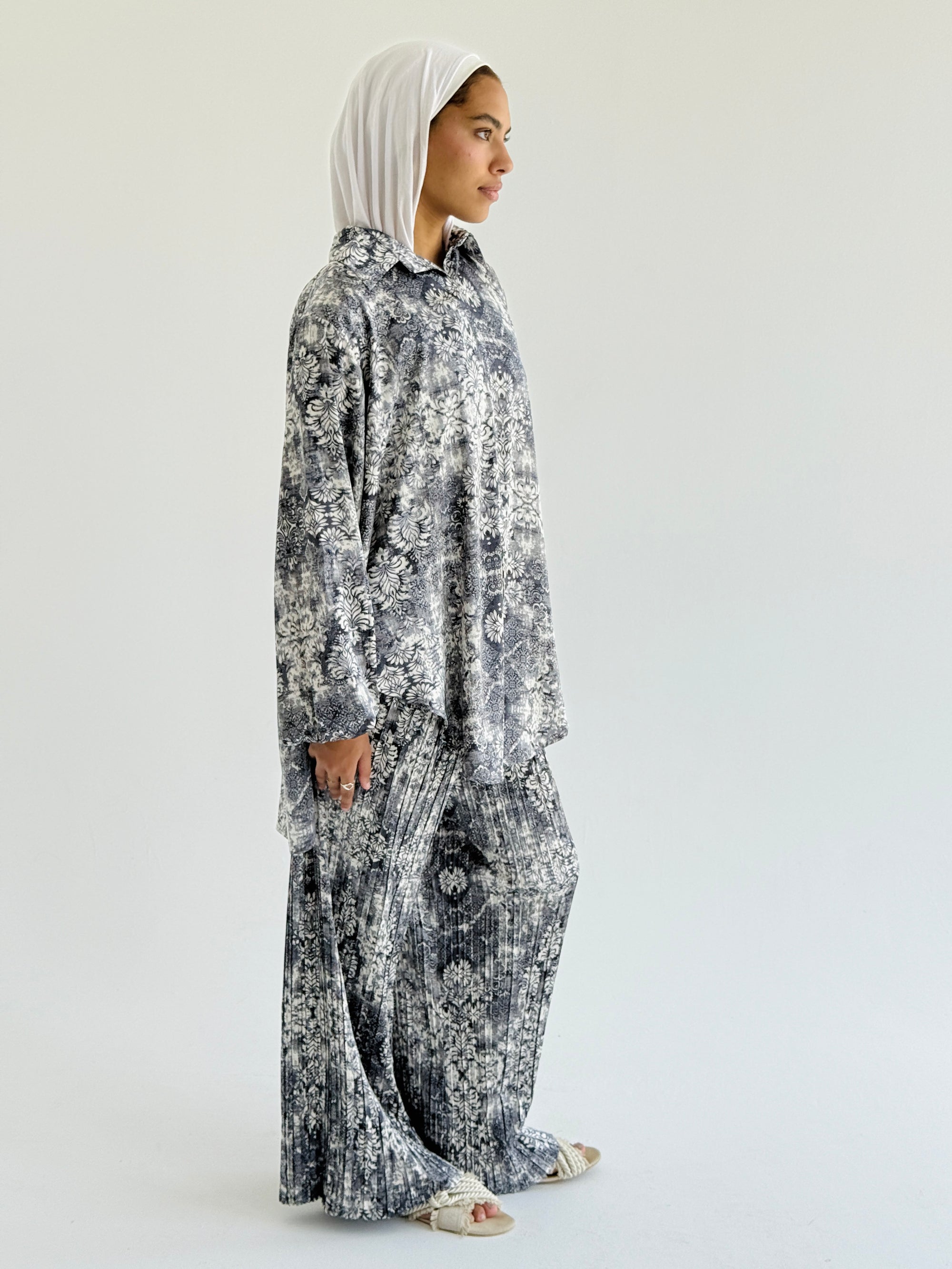 Grey Satin Pleated Set