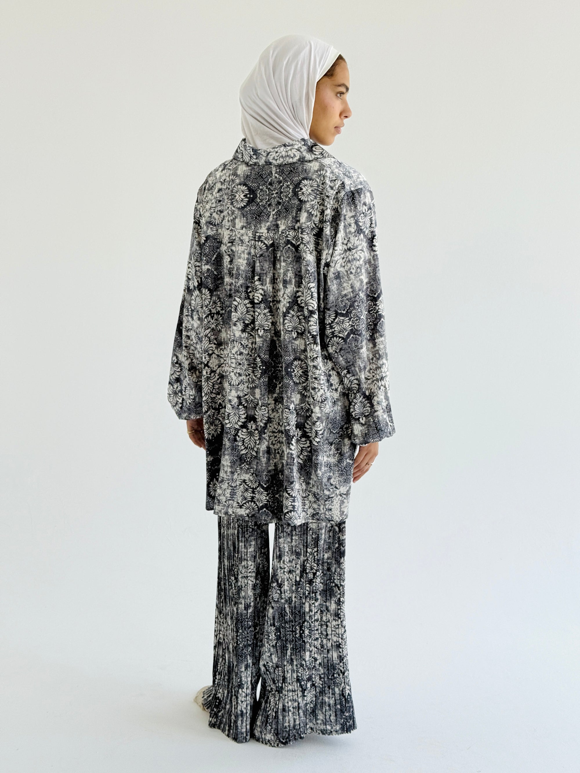Grey Satin Pleated Set