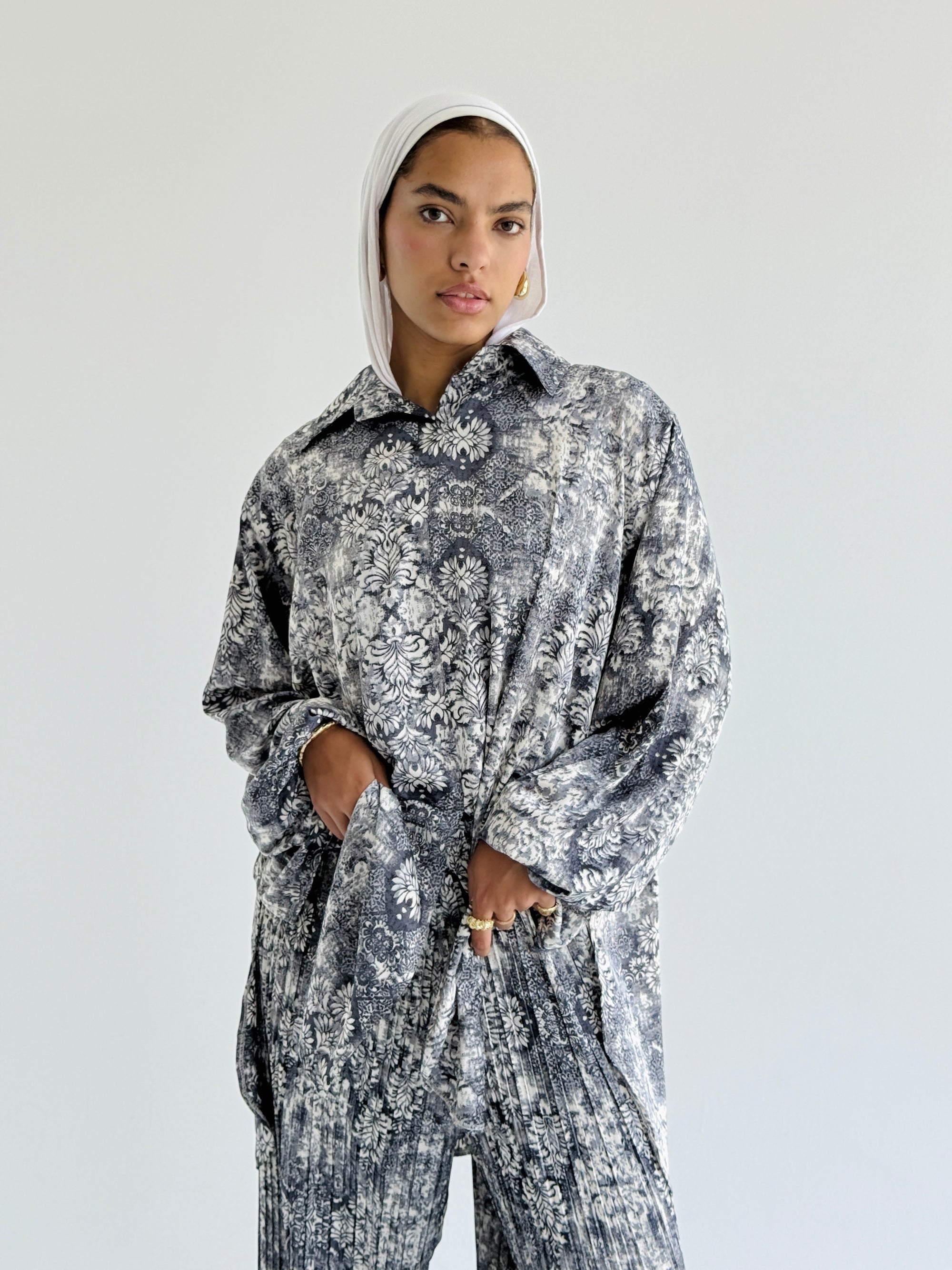 Grey Satin Pleated Set