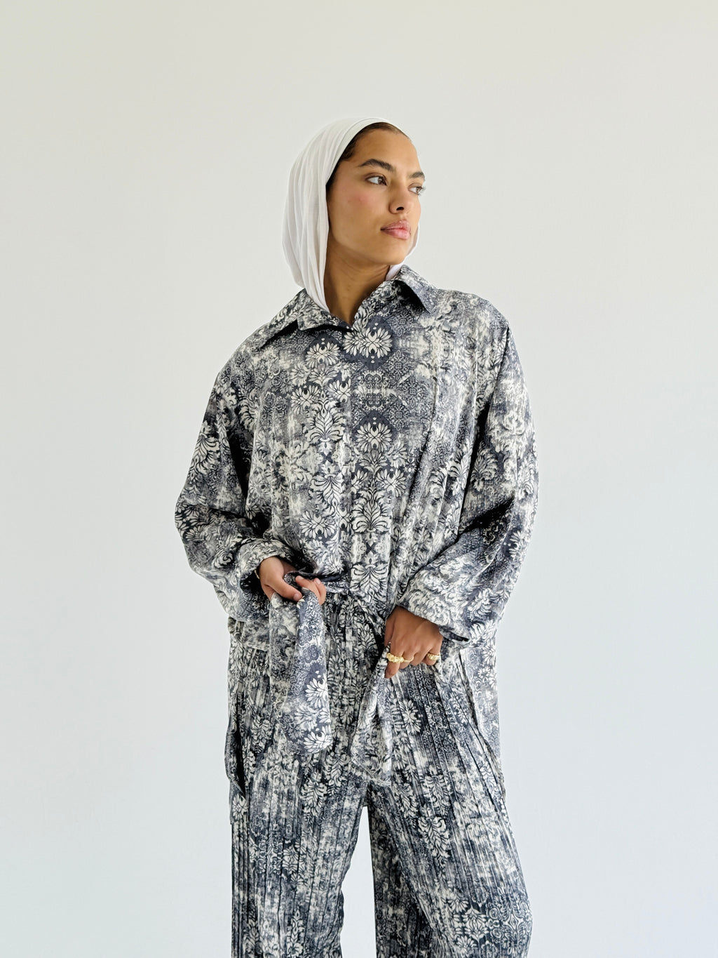 Grey Satin Pleated Set