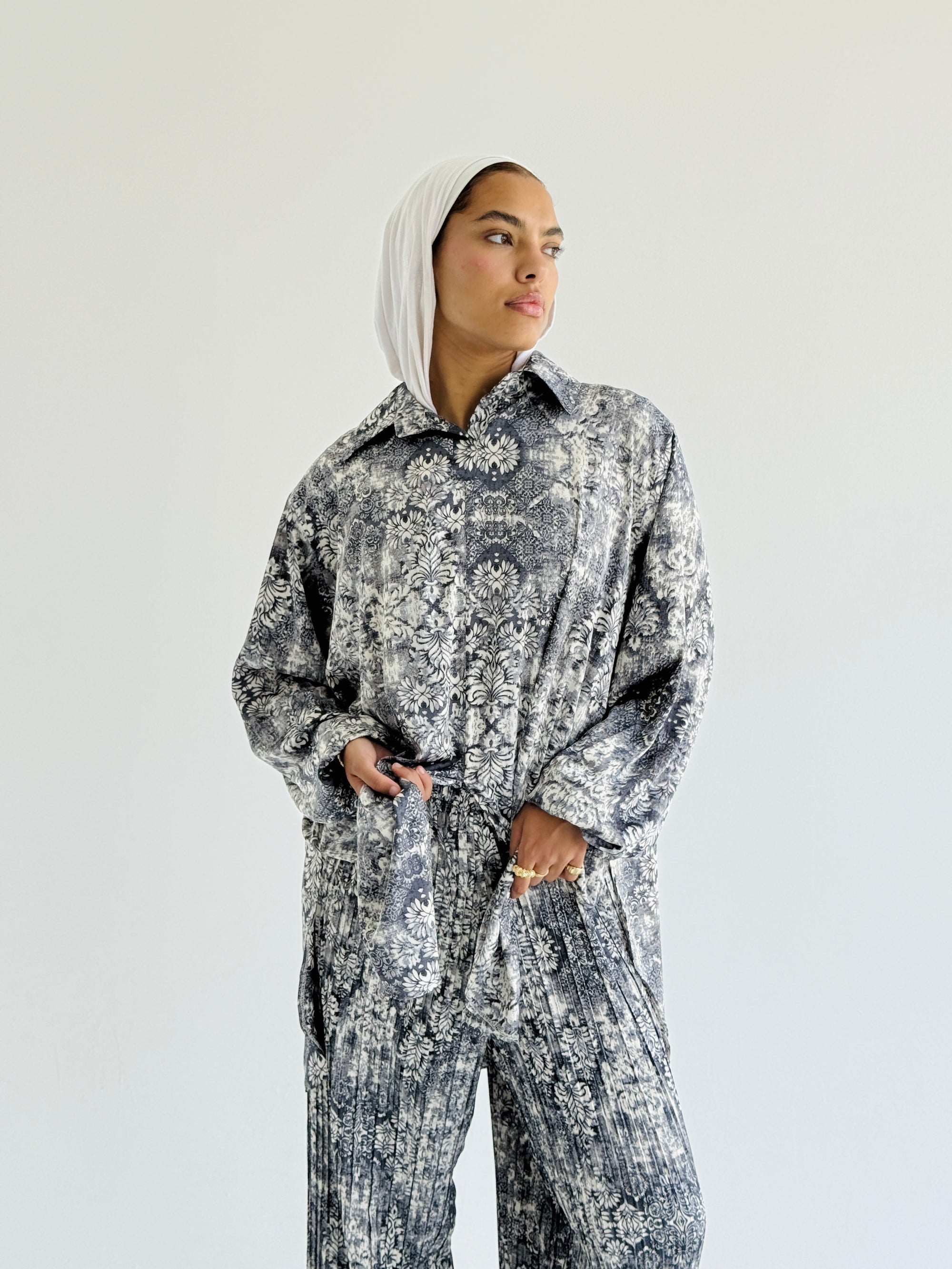 Grey Satin Pleated Set