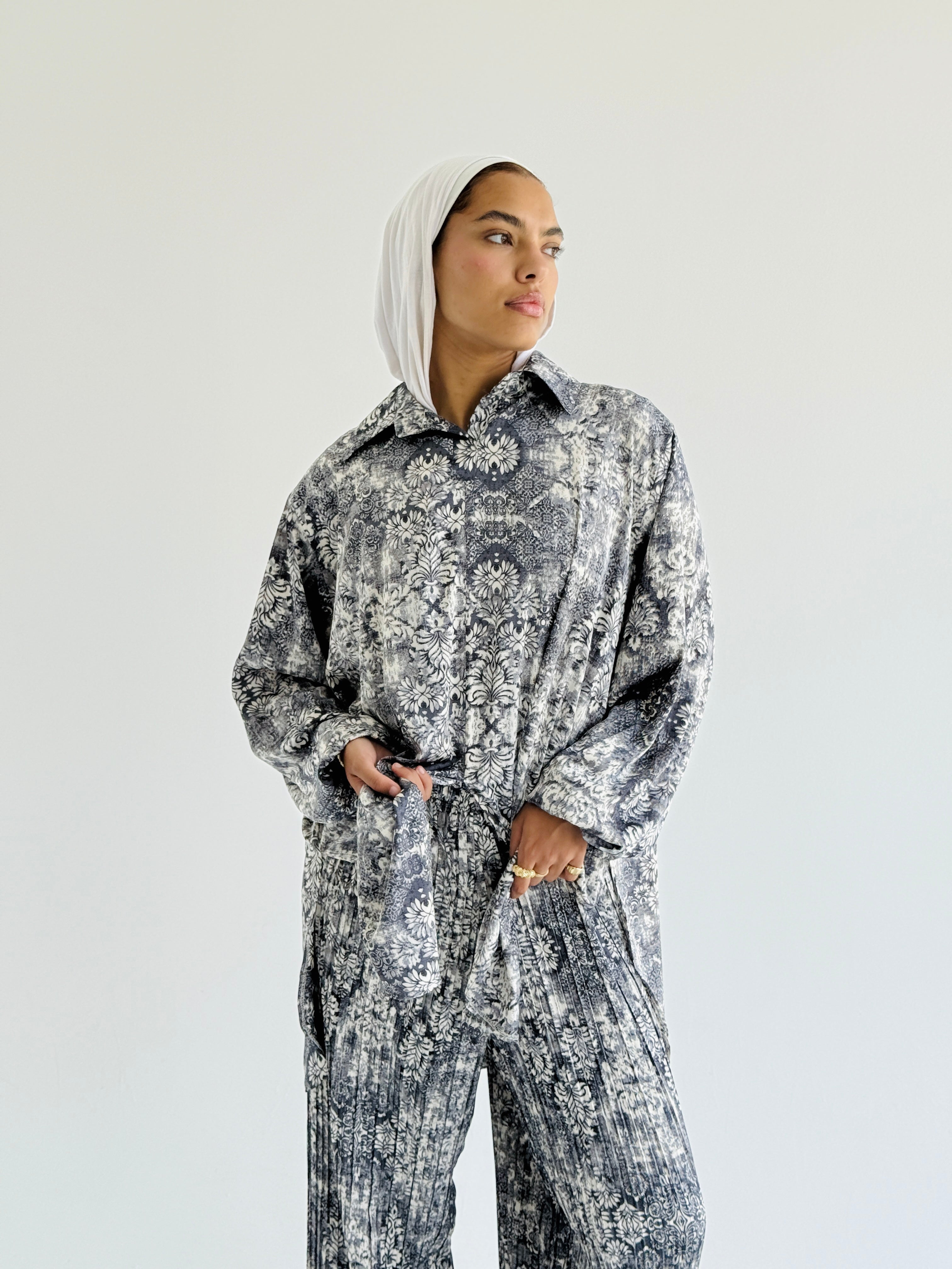 Grey Satin Pleated Set