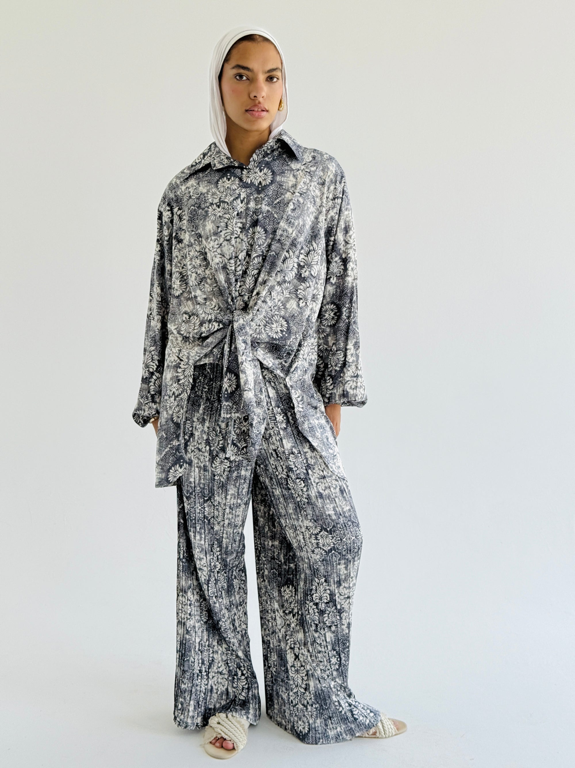 Grey Satin Pleated Set