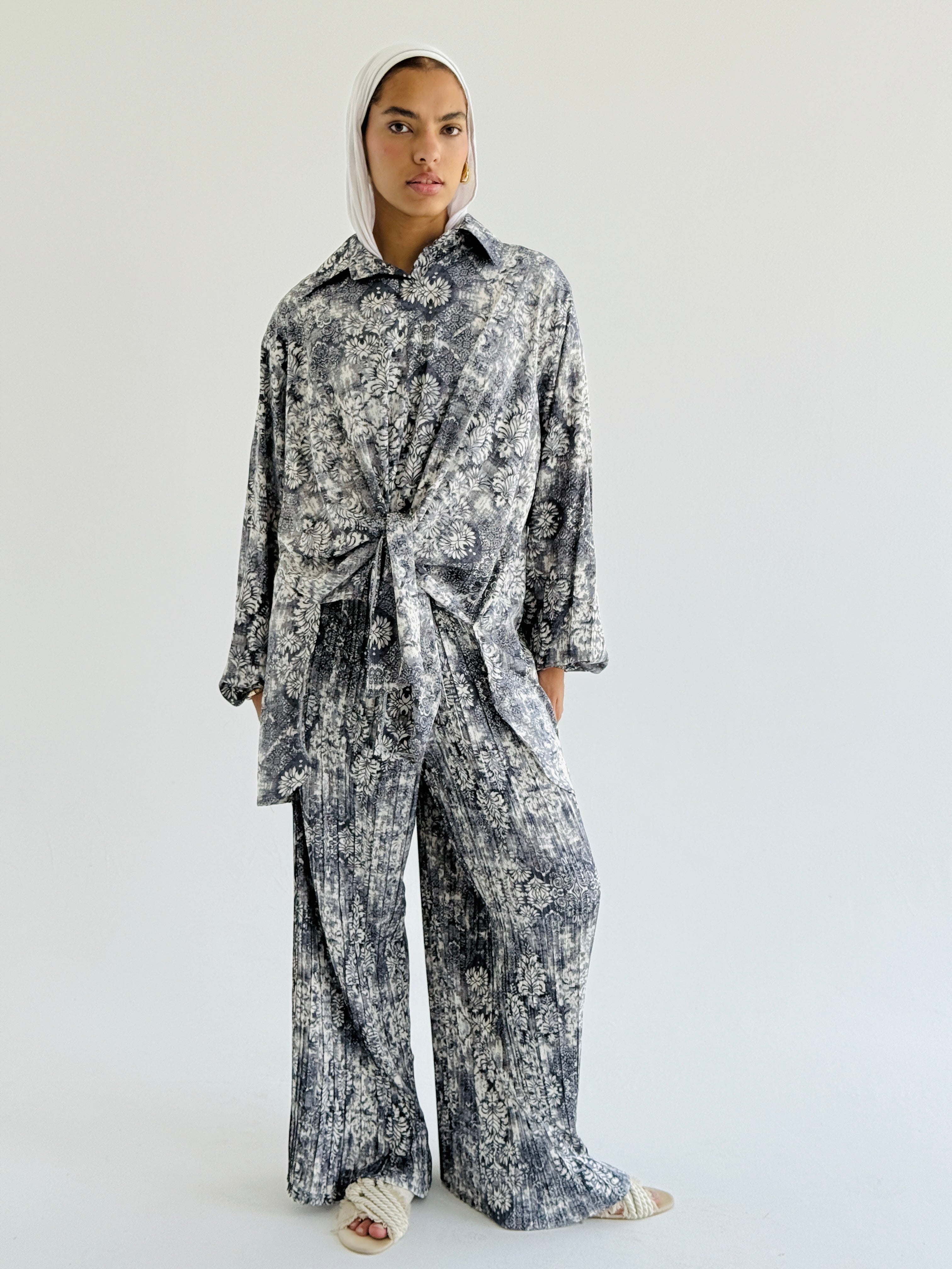 Grey Satin Pleated Set