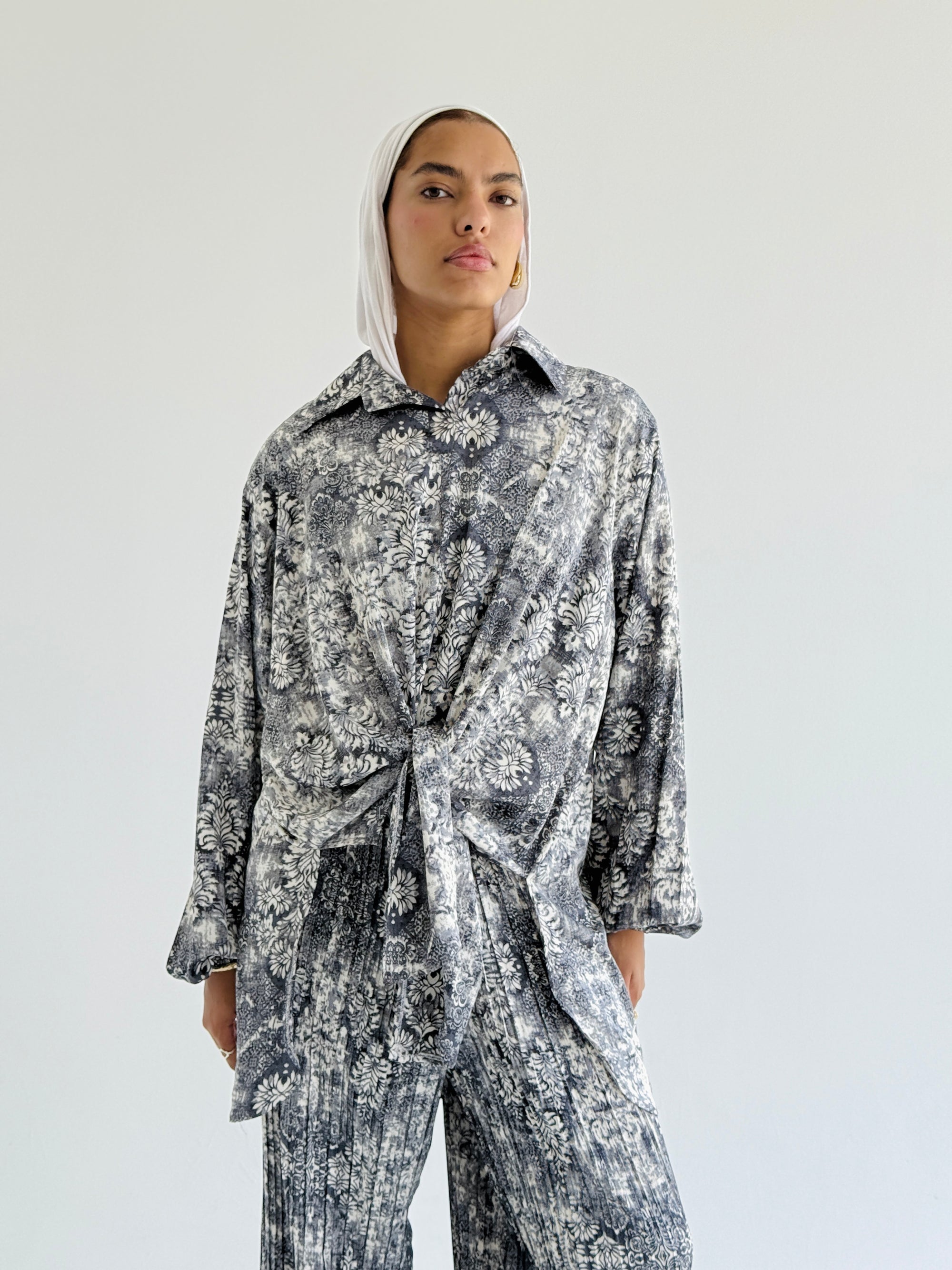 Grey Satin Pleated Set