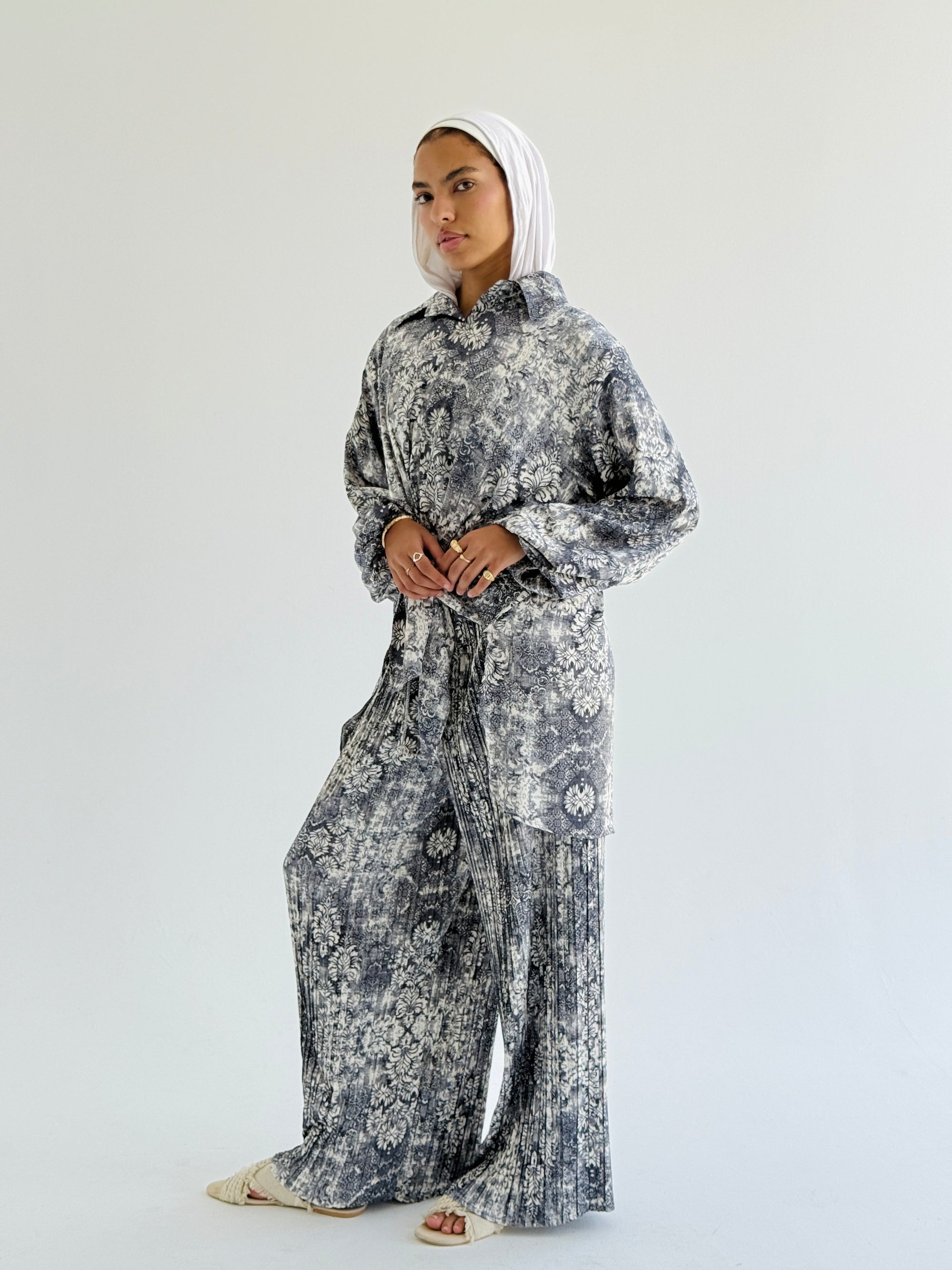 Grey Satin Pleated Set