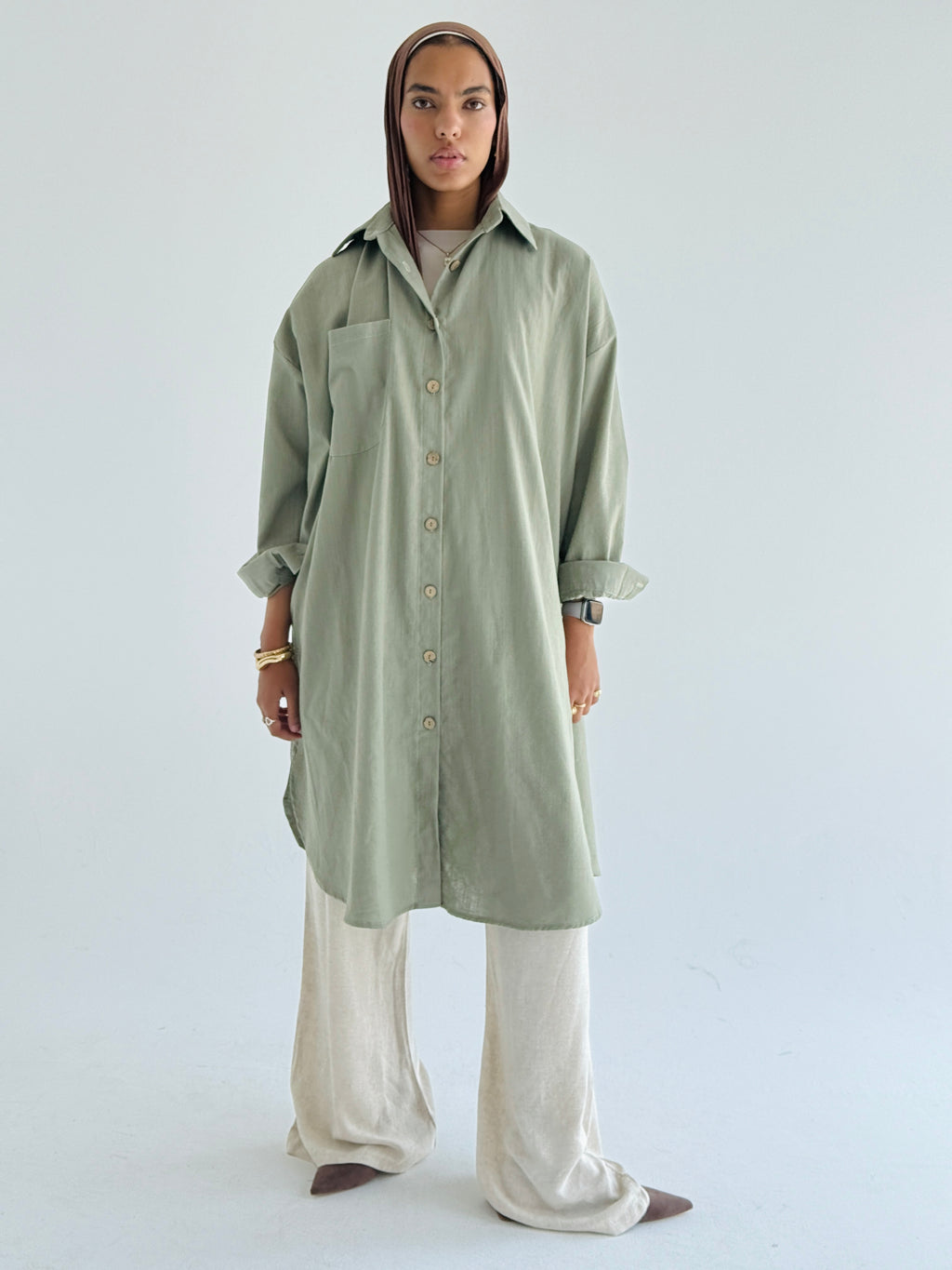 Olive Long Line Linen Shirt