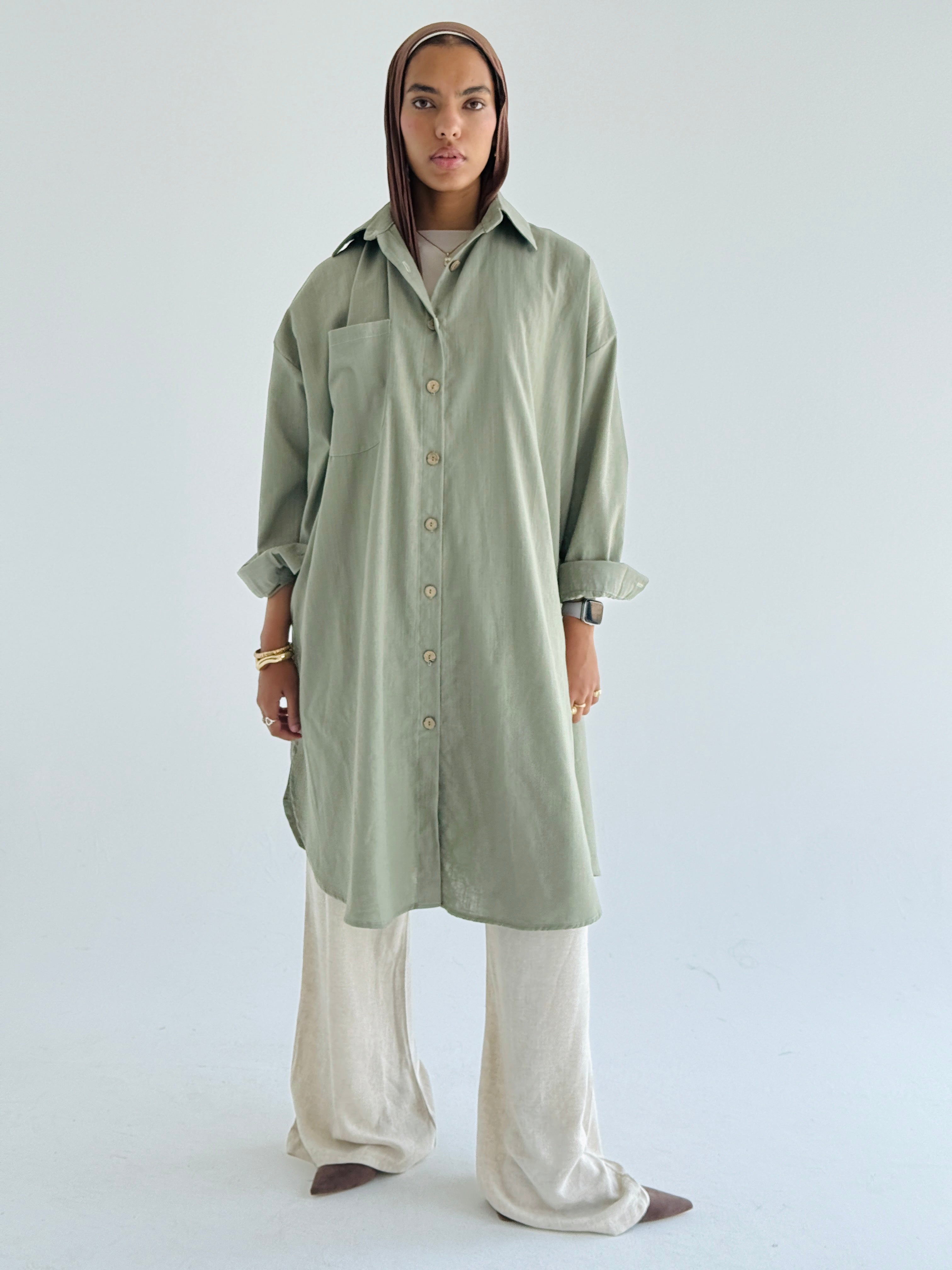 Olive Long Line Linen Shirt