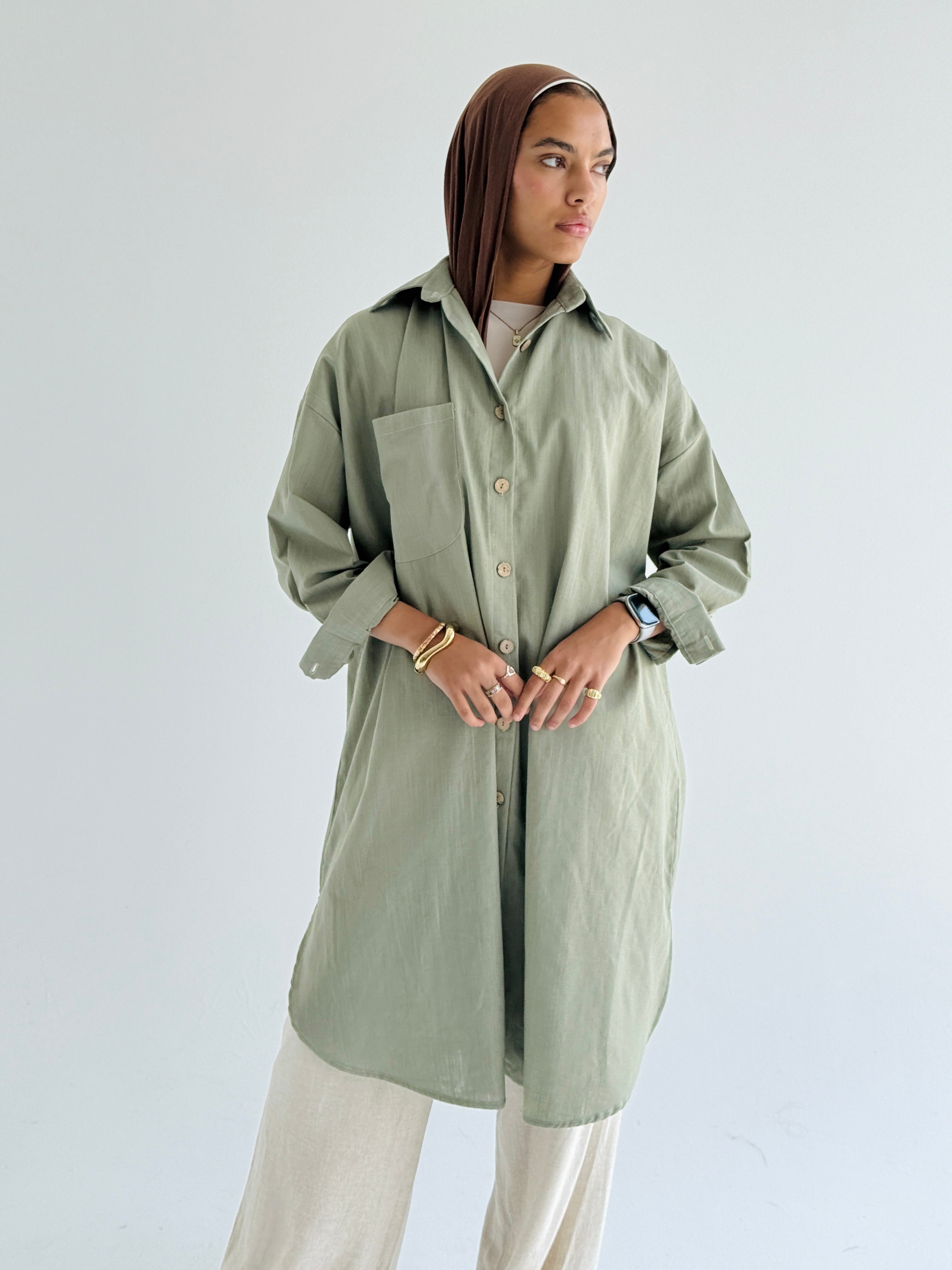 Olive Long Line Linen Shirt