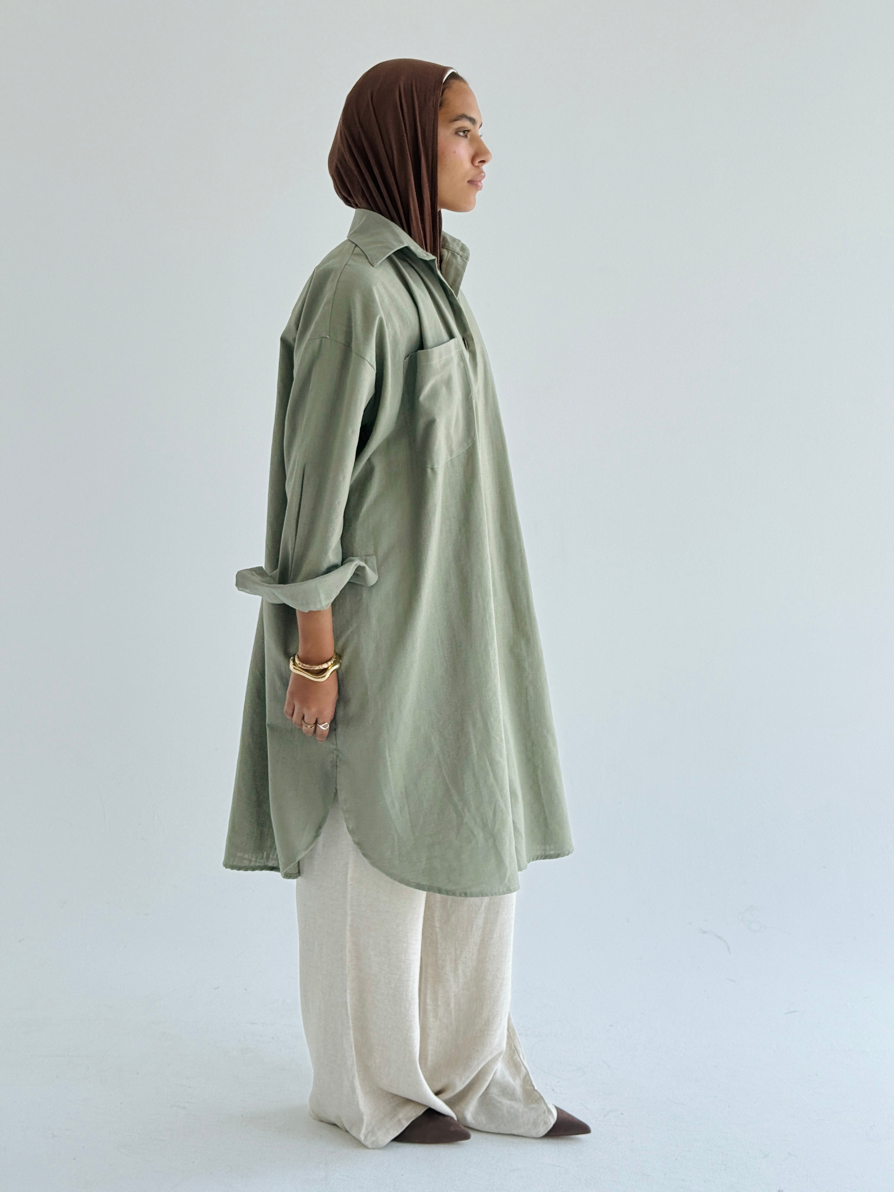 Olive Long Line Linen Shirt