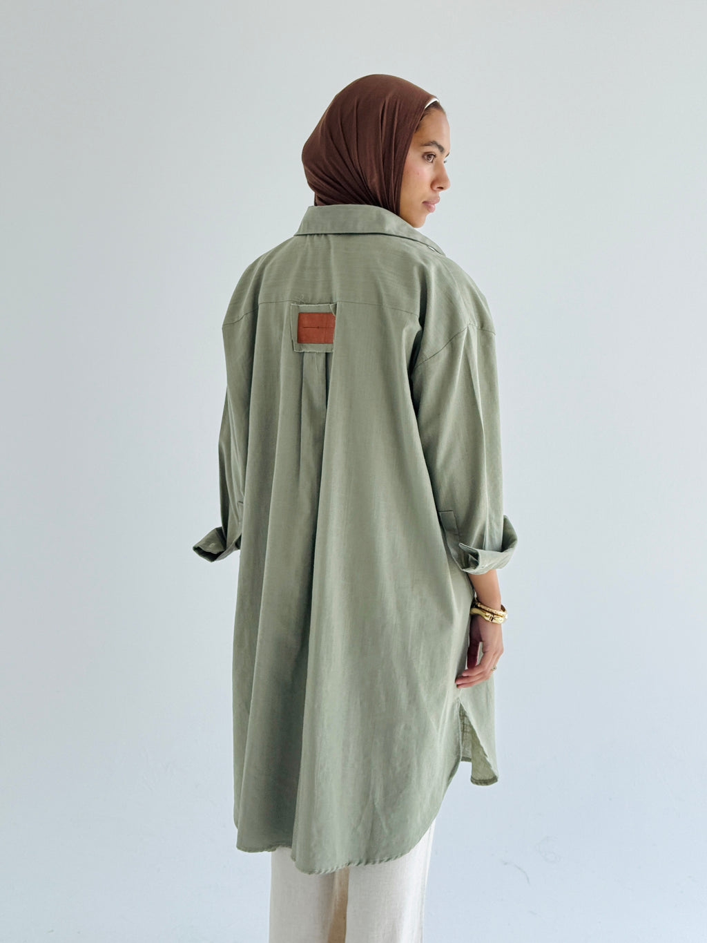 Olive Long Line Linen Shirt