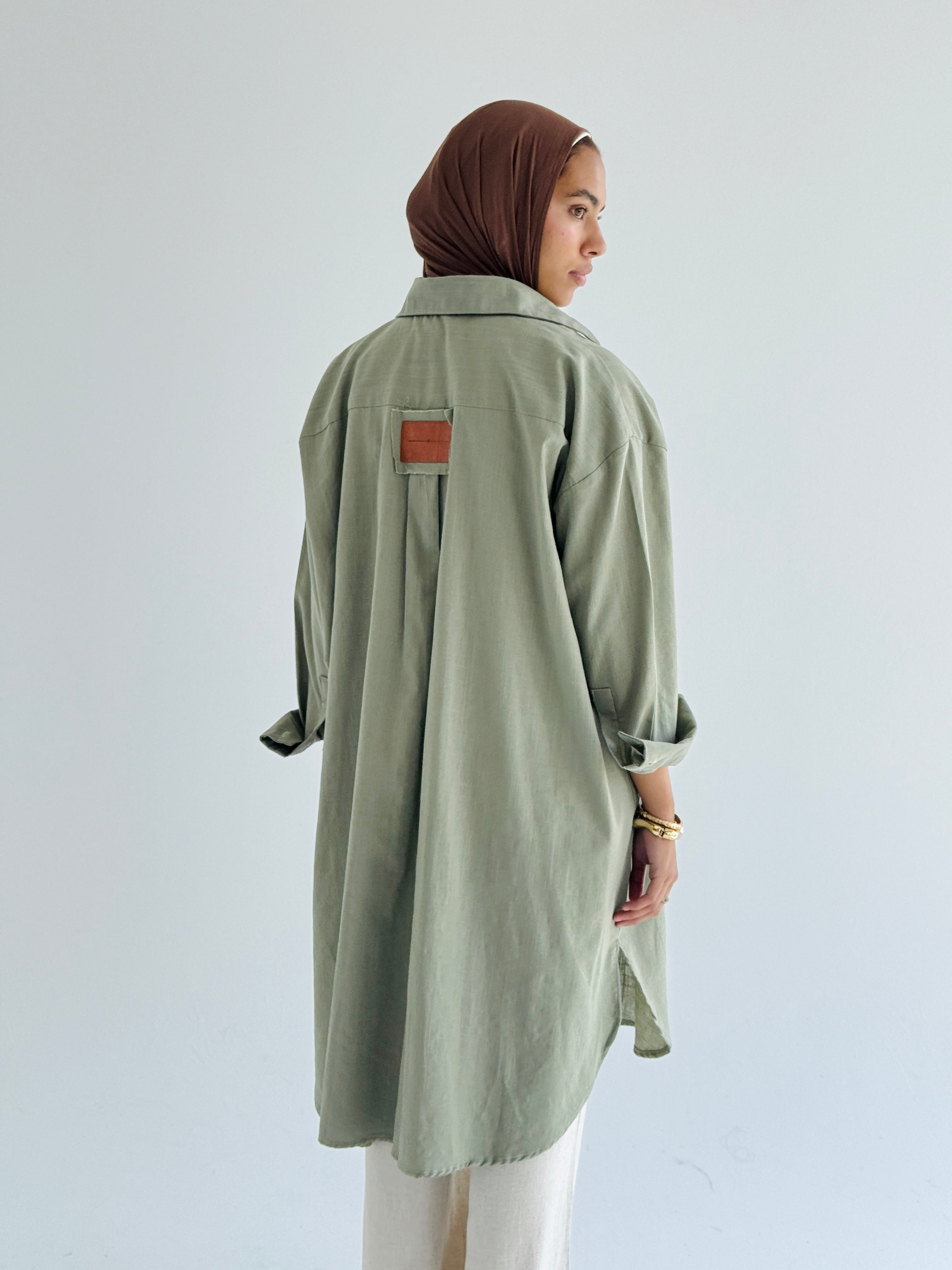 Olive Long Line Linen Shirt