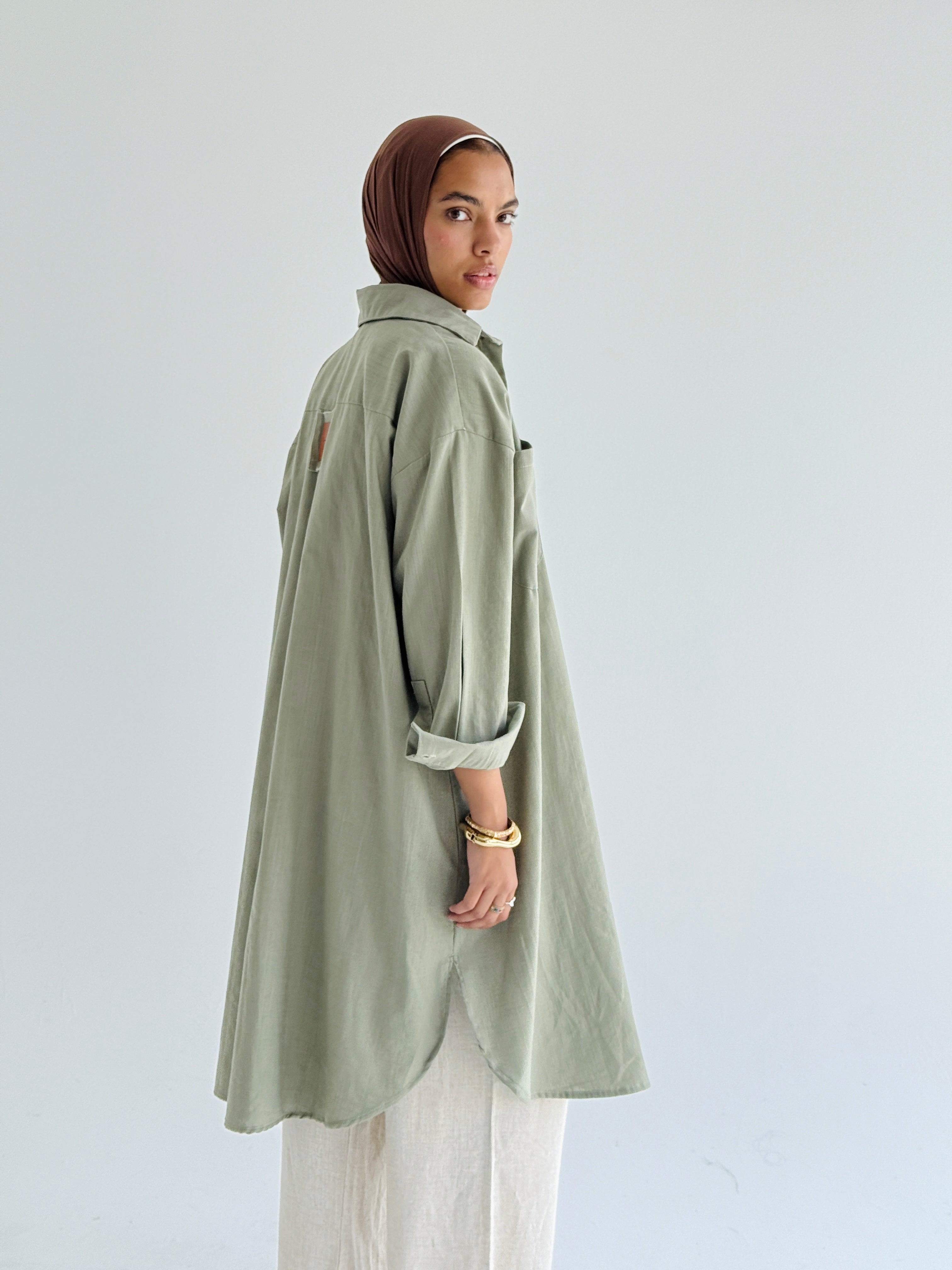 Olive Long Line Linen Shirt