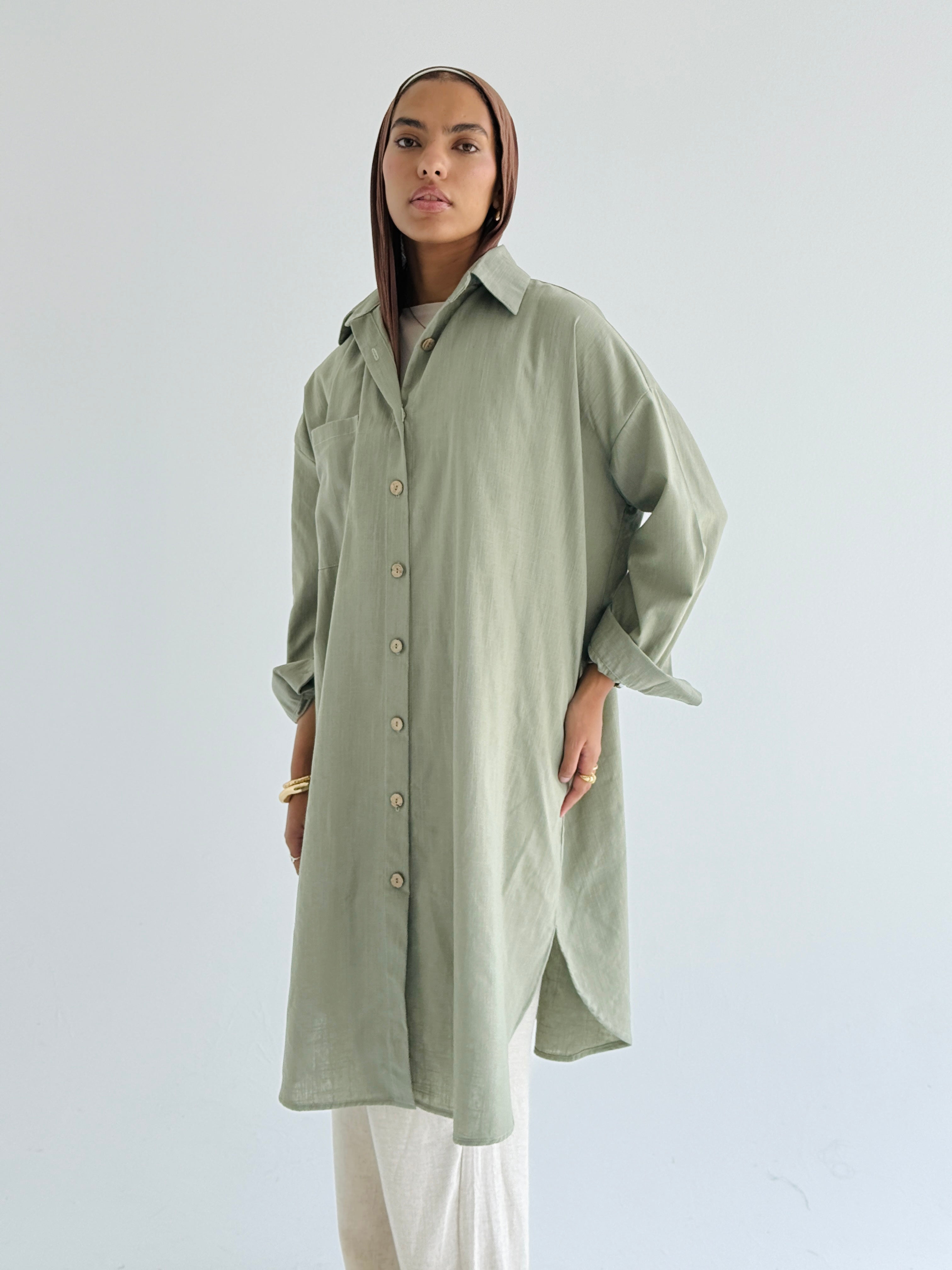 Olive Long Line Linen Shirt