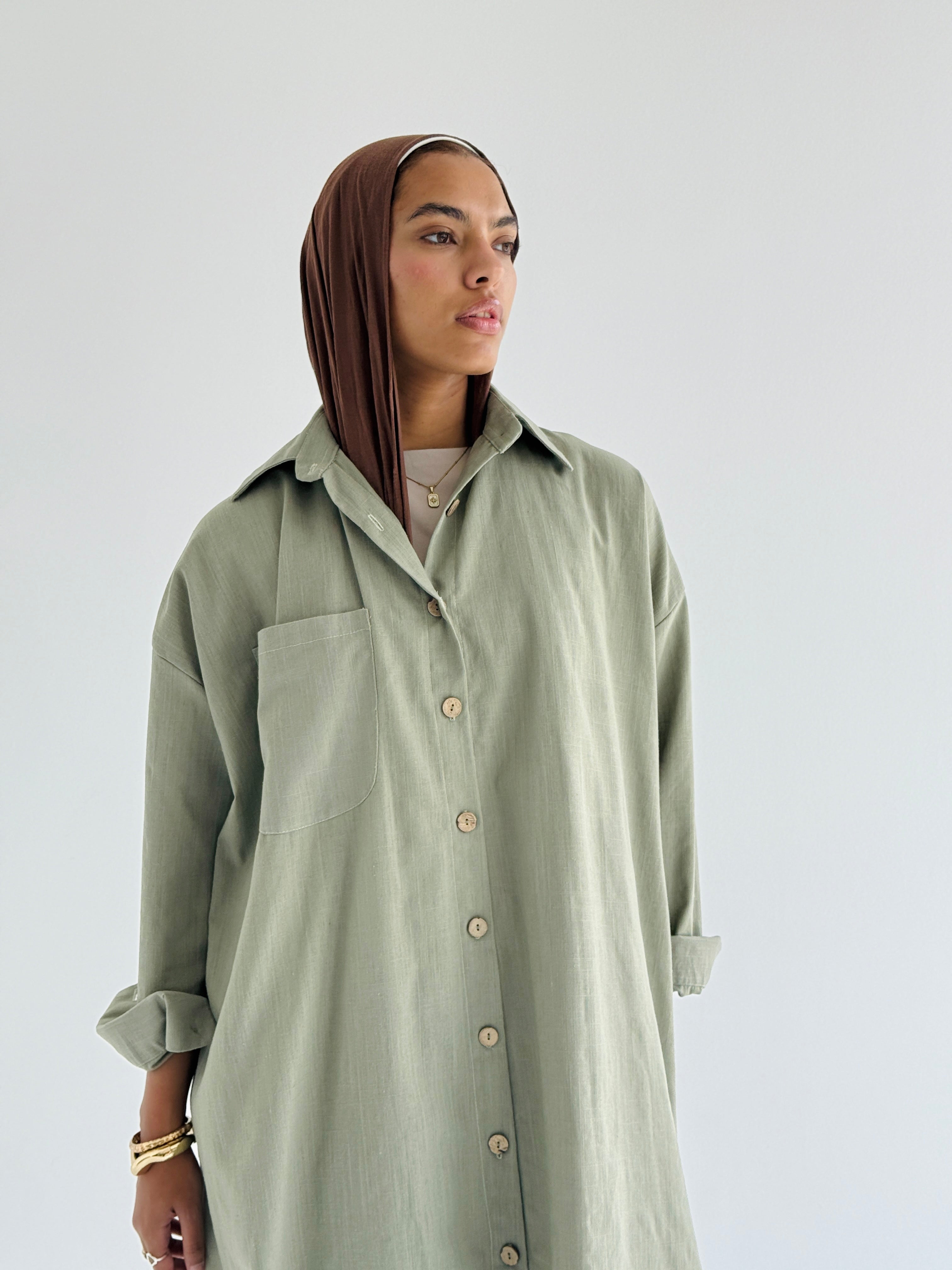 Olive Long Line Linen Shirt