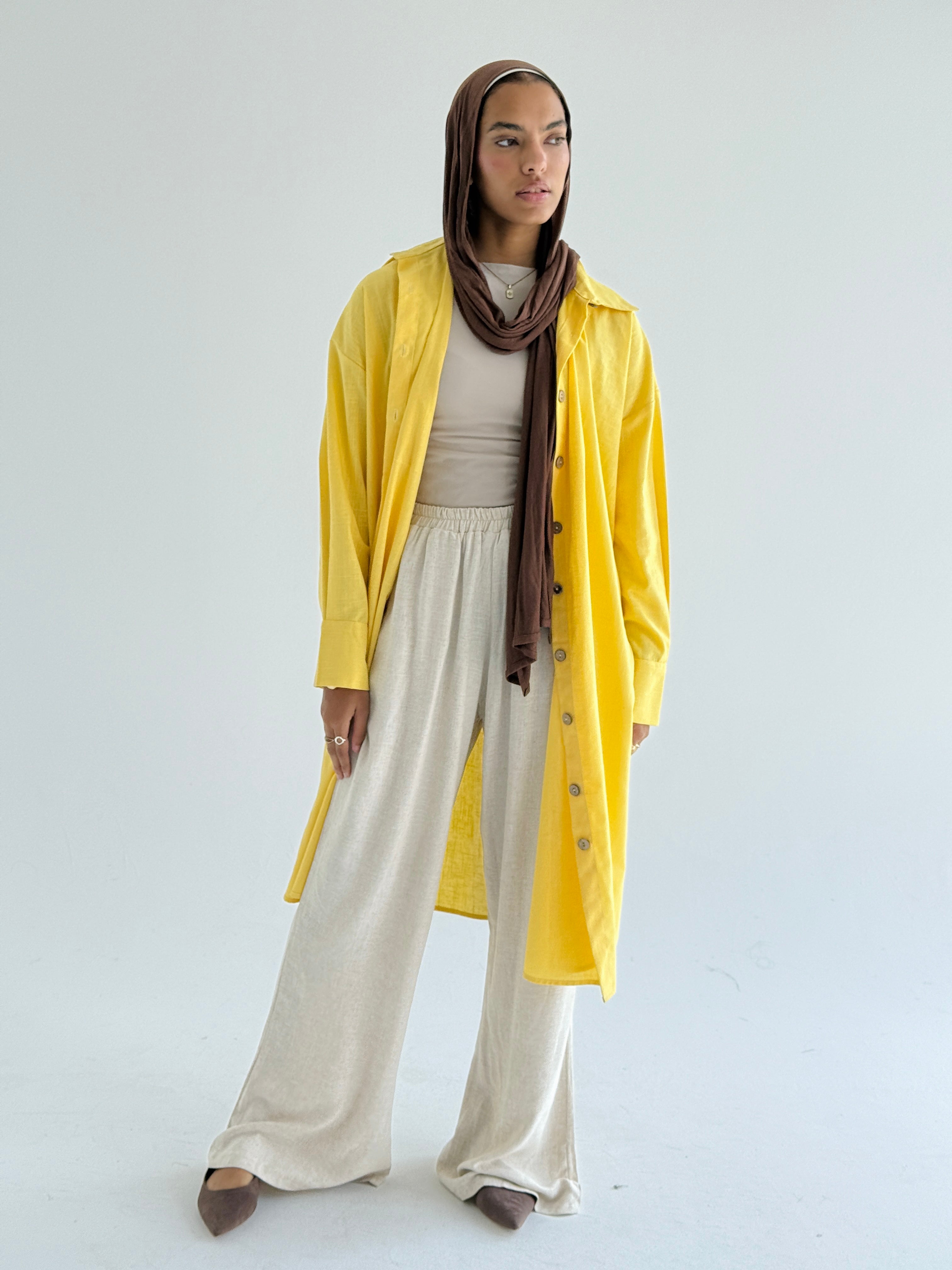 Yellow Long Line Linen Shirt