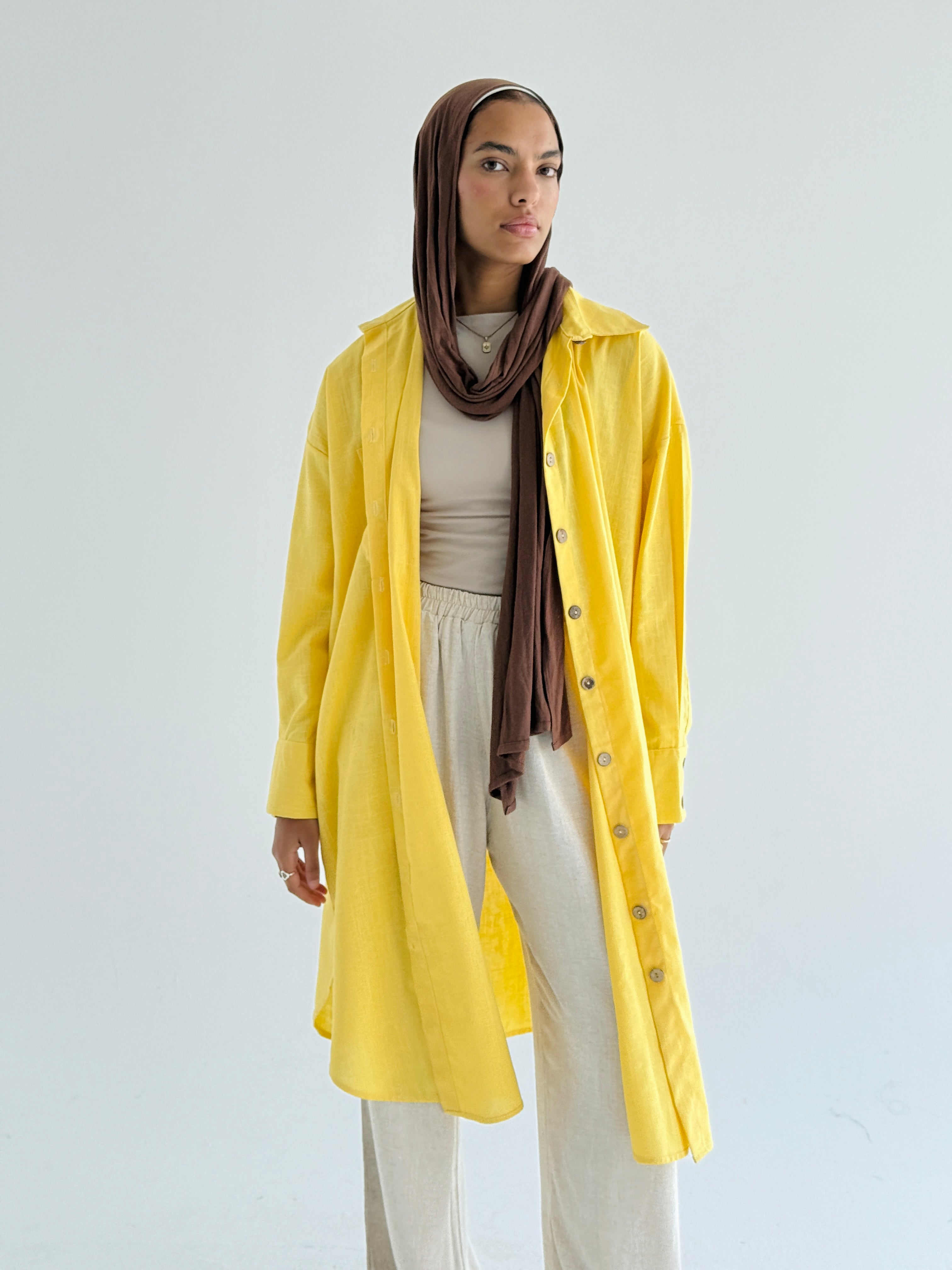 Yellow Long Line Linen Shirt