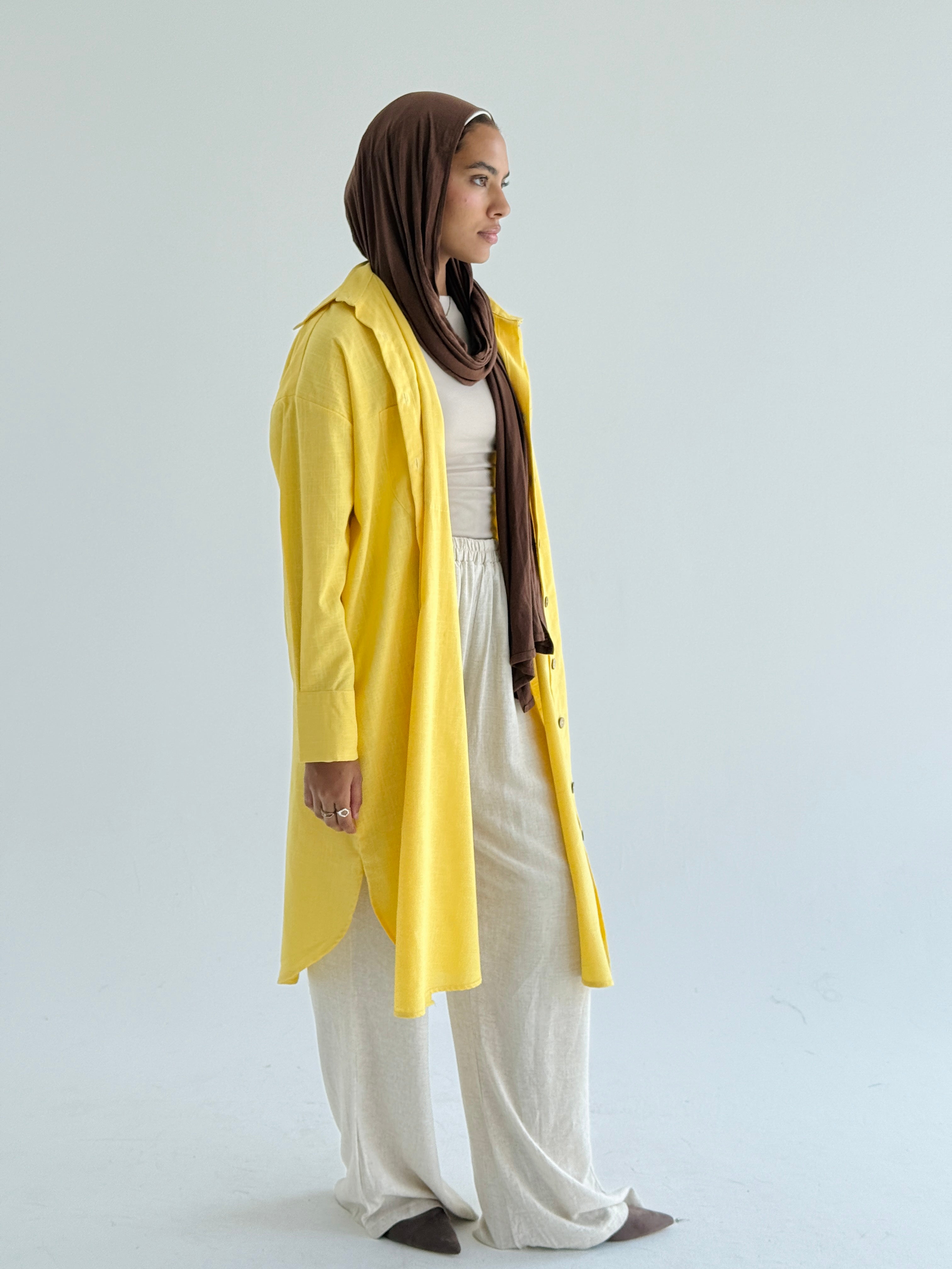 Yellow Long Line Linen Shirt