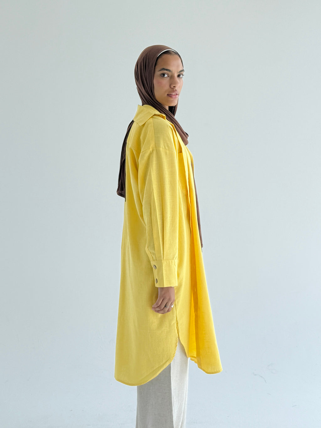 Yellow Long Line Linen Shirt