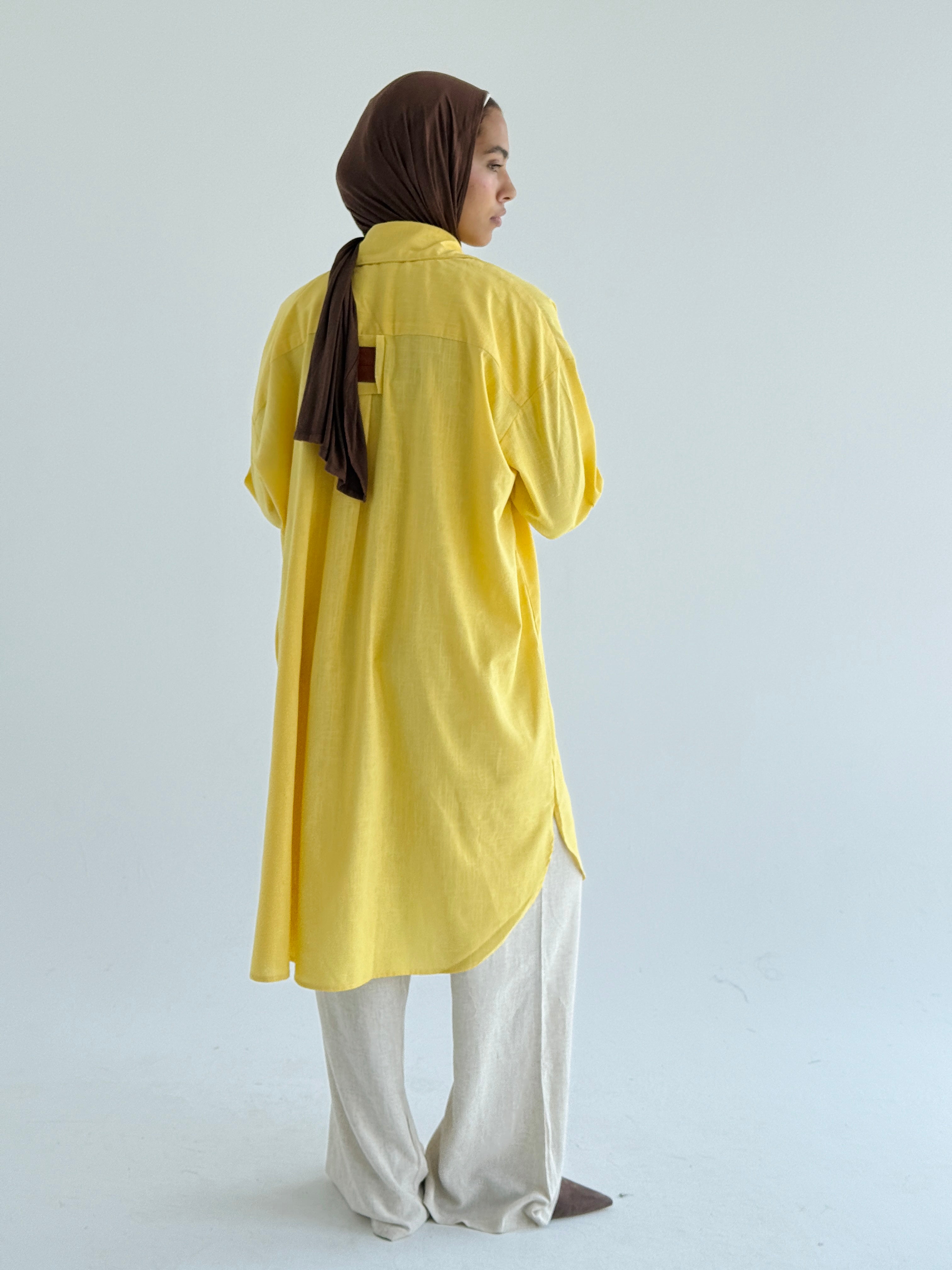 Yellow Long Line Linen Shirt