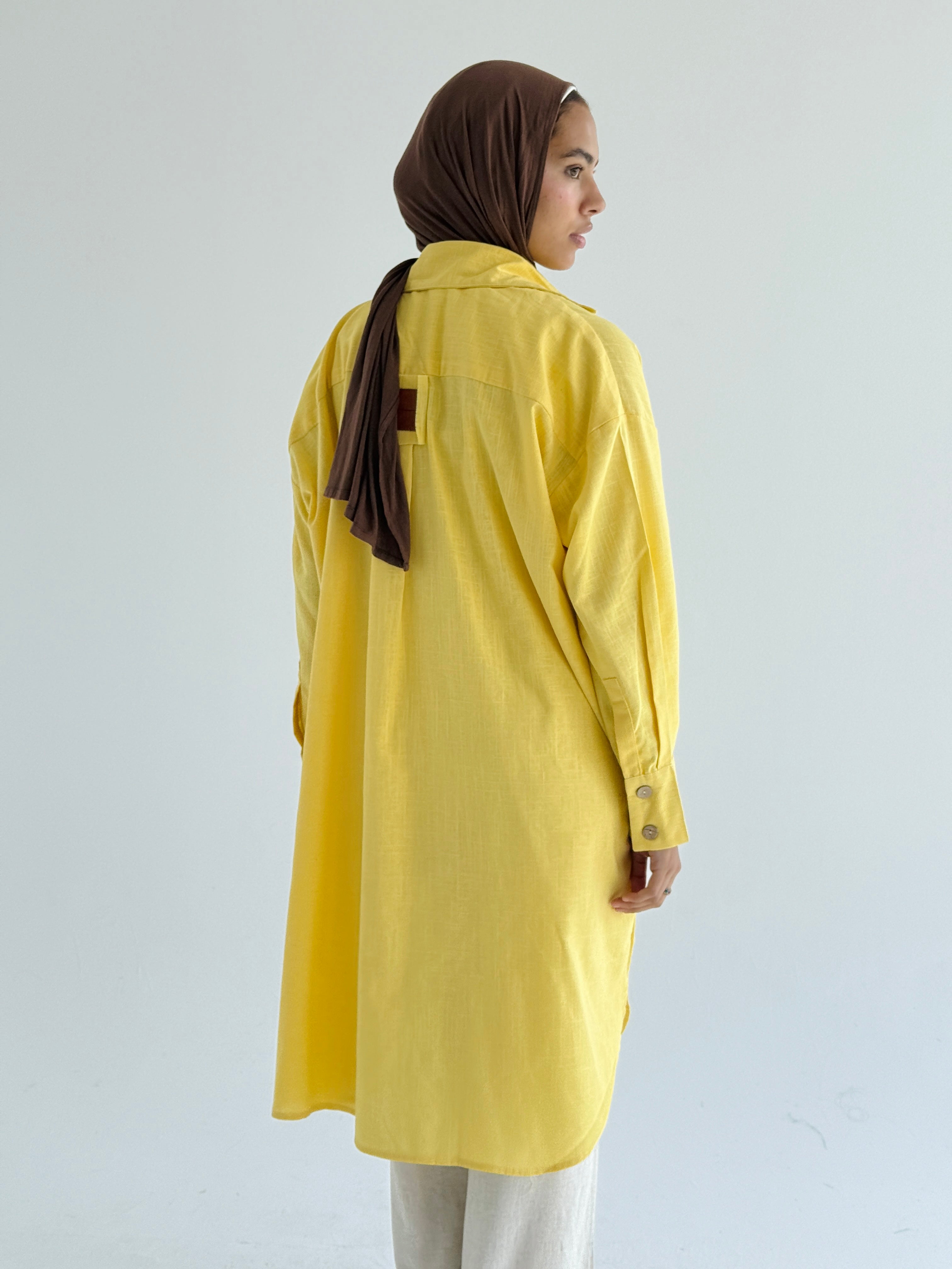 Yellow Long Line Linen Shirt