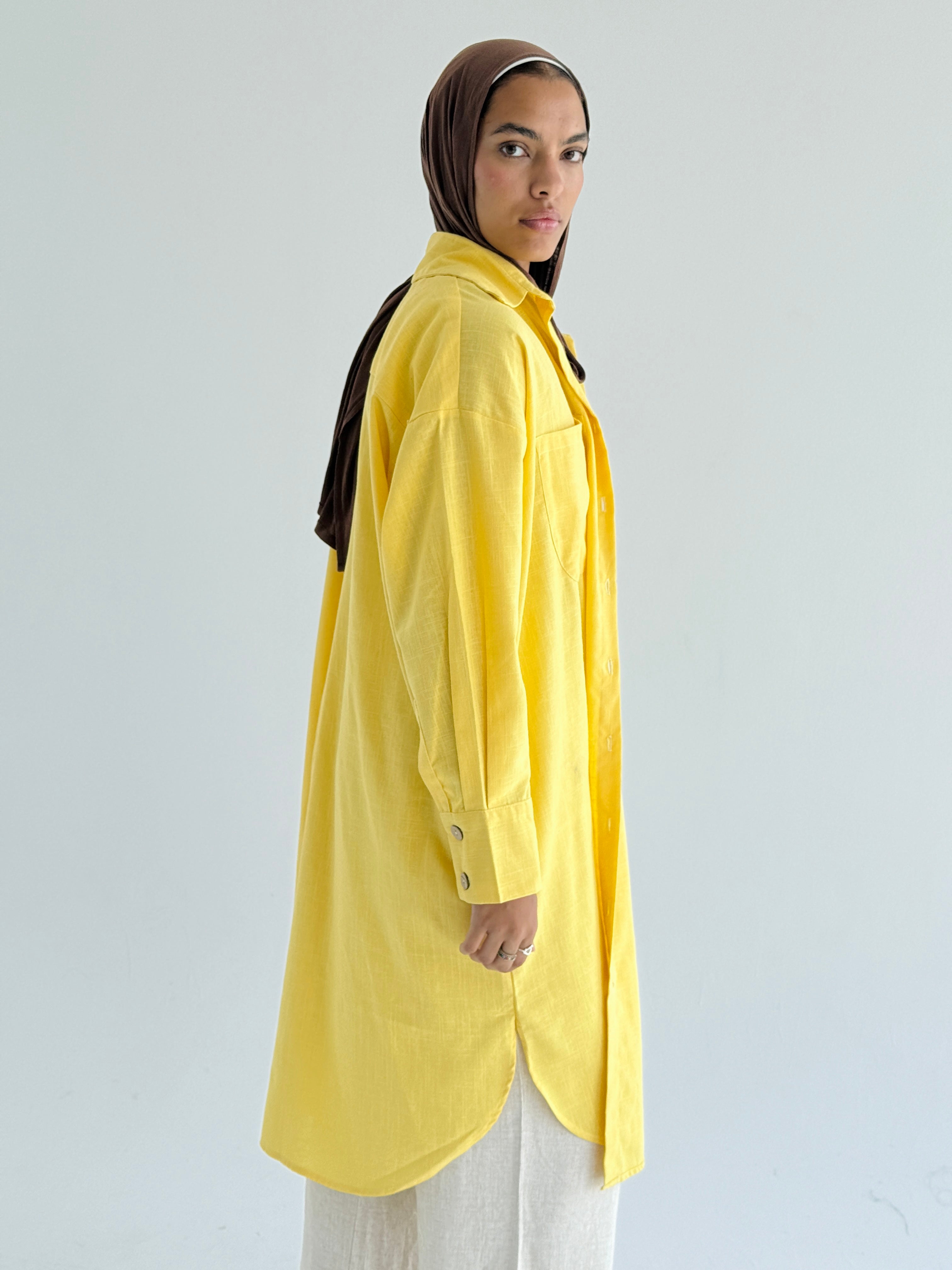 Yellow Long Line Linen Shirt