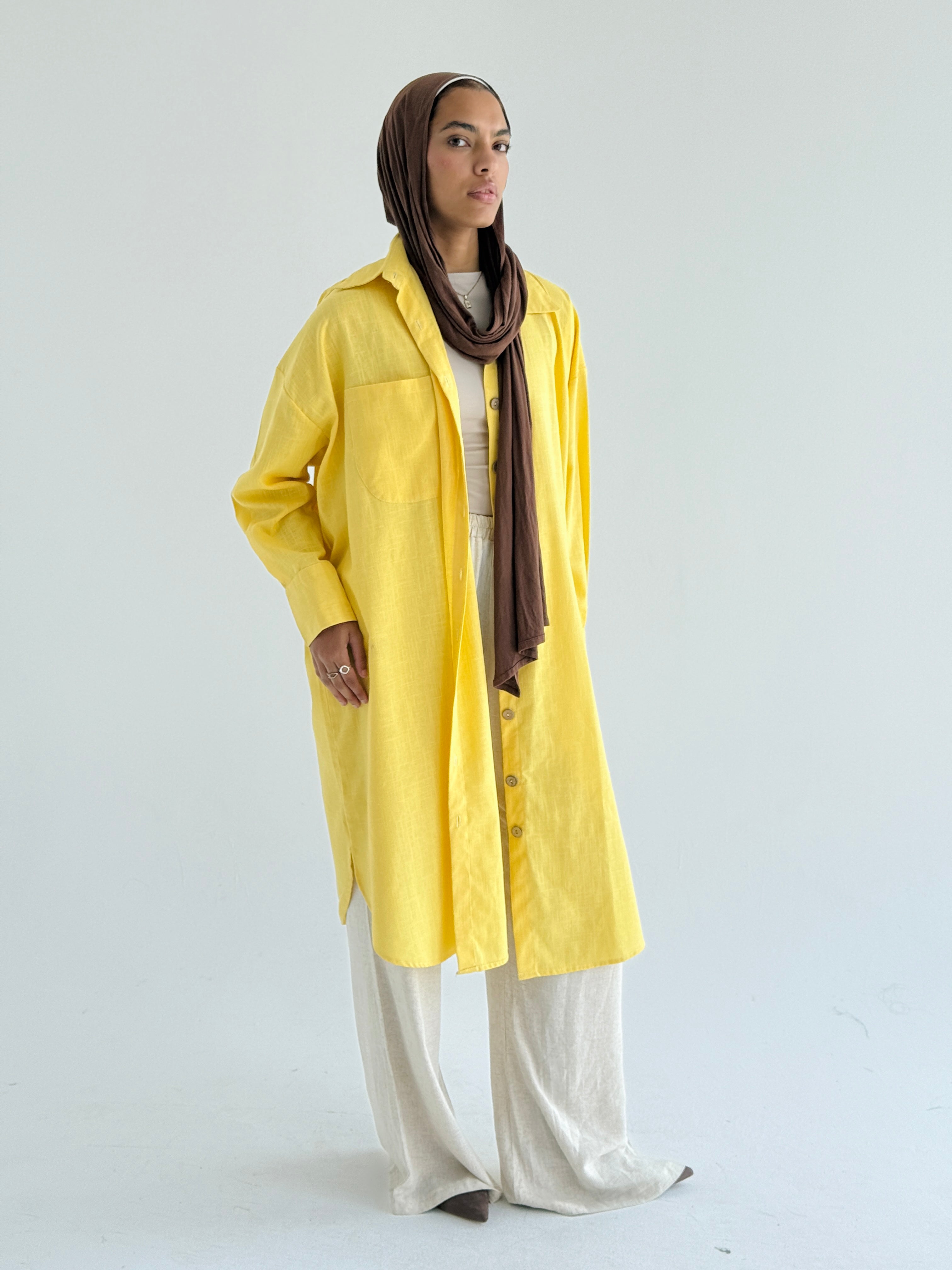 Yellow Long Line Linen Shirt