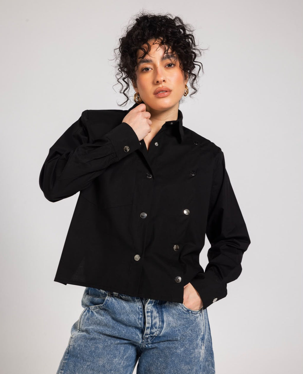 Black  Buttoned Bold Shoulders Shirt