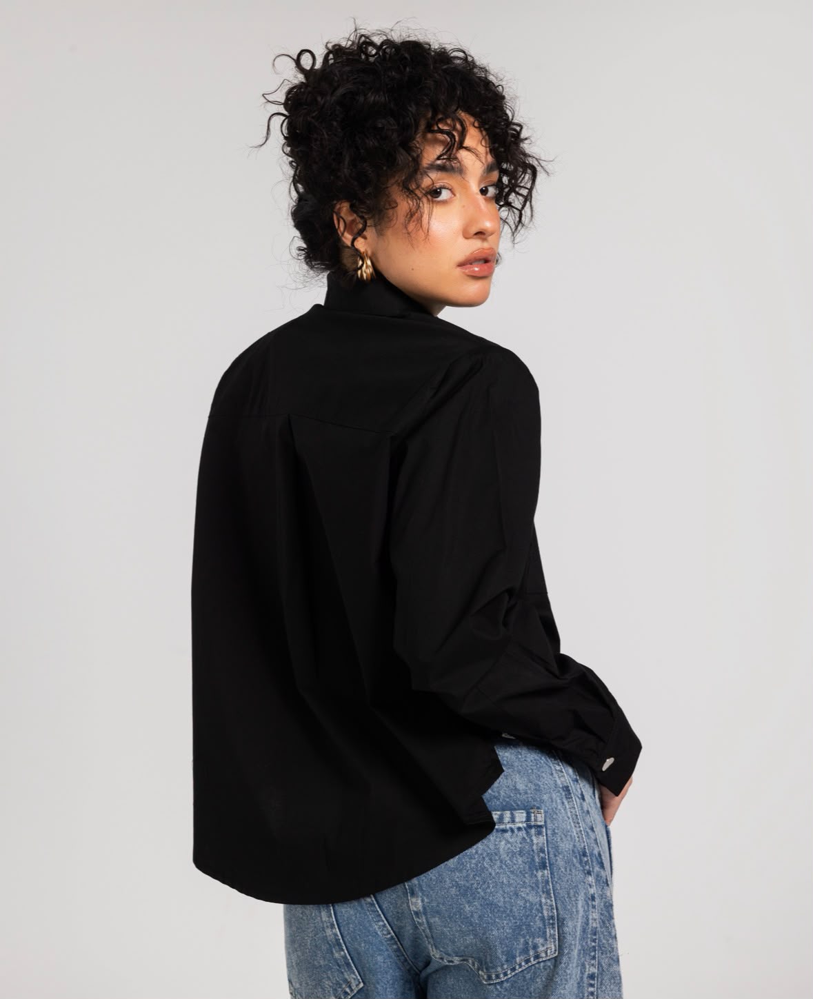 Black  Buttoned Bold Shoulders Shirt