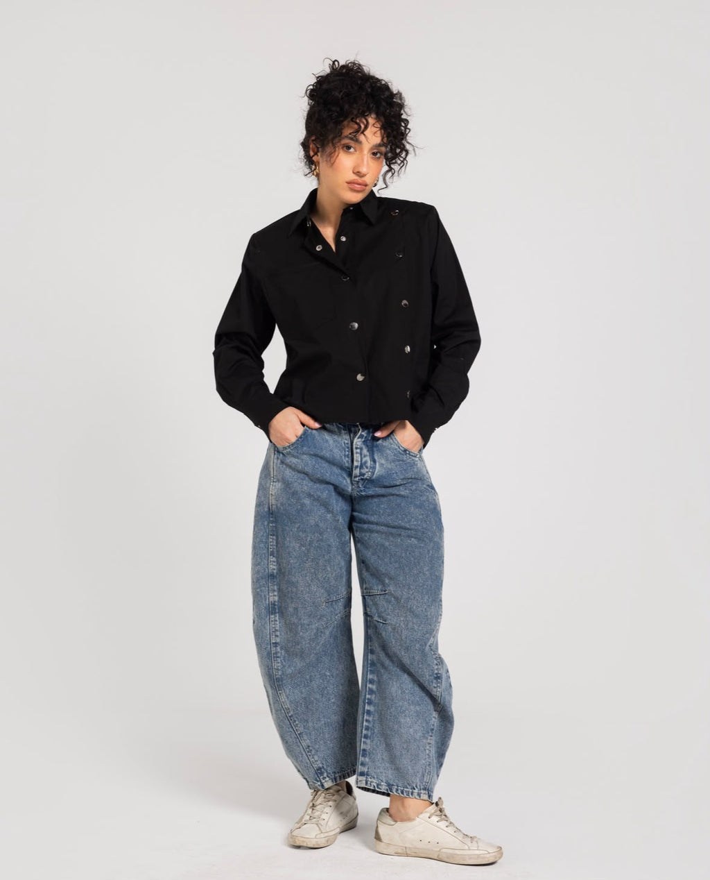 Black  Buttoned Bold Shoulders Shirt