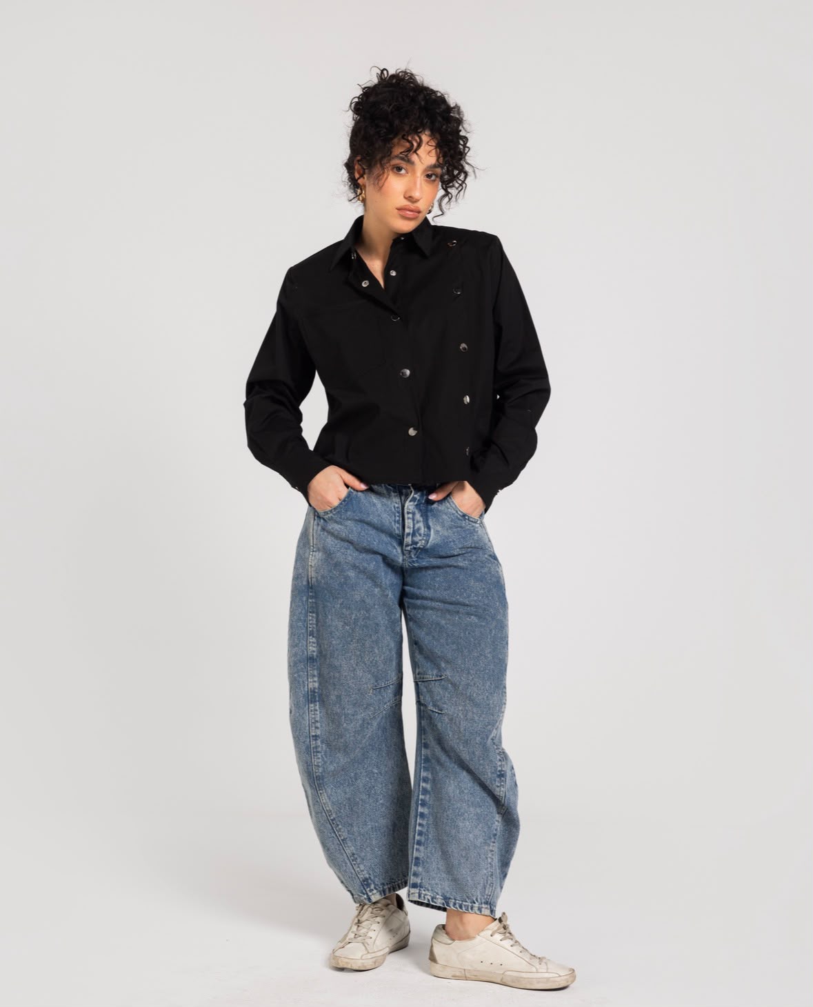 Black  Buttoned Bold Shoulders Shirt