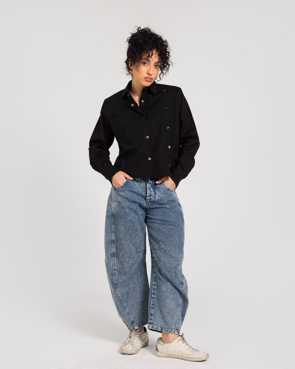 Black  Buttoned Bold Shoulders Shirt
