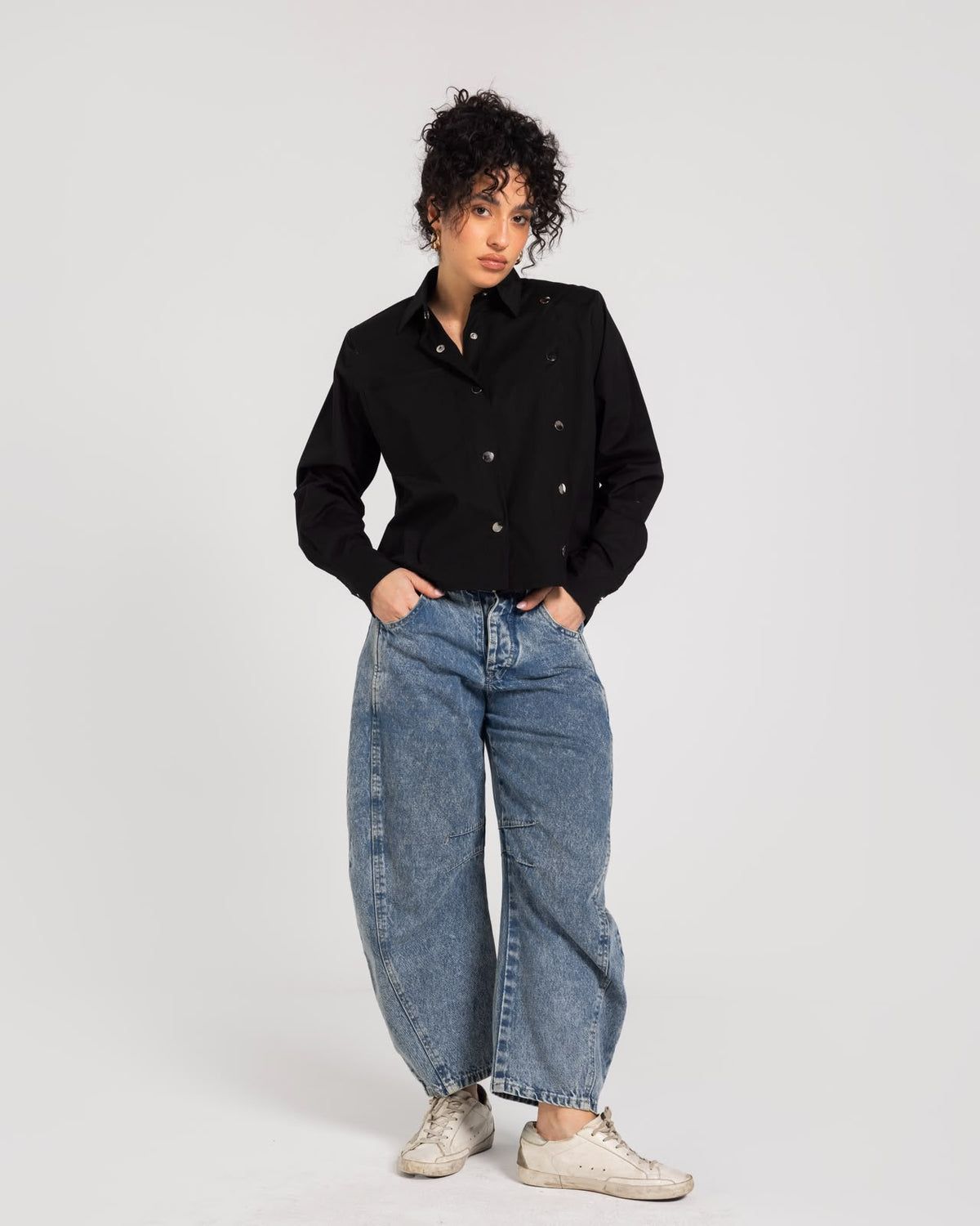 Black  Buttoned Bold Shoulders Shirt