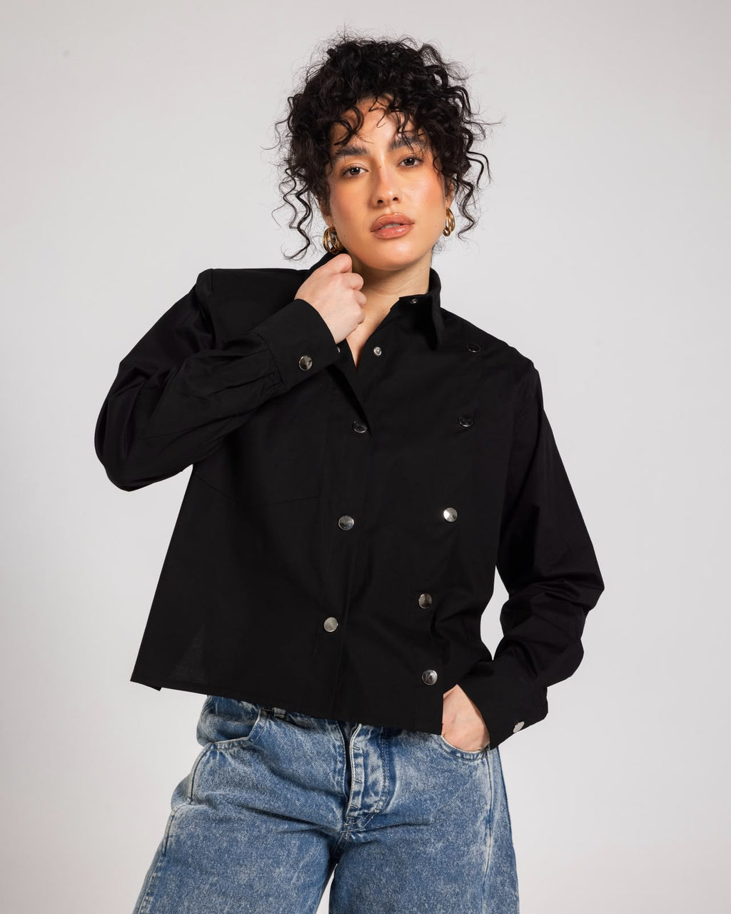 Black  Buttoned Bold Shoulders Shirt