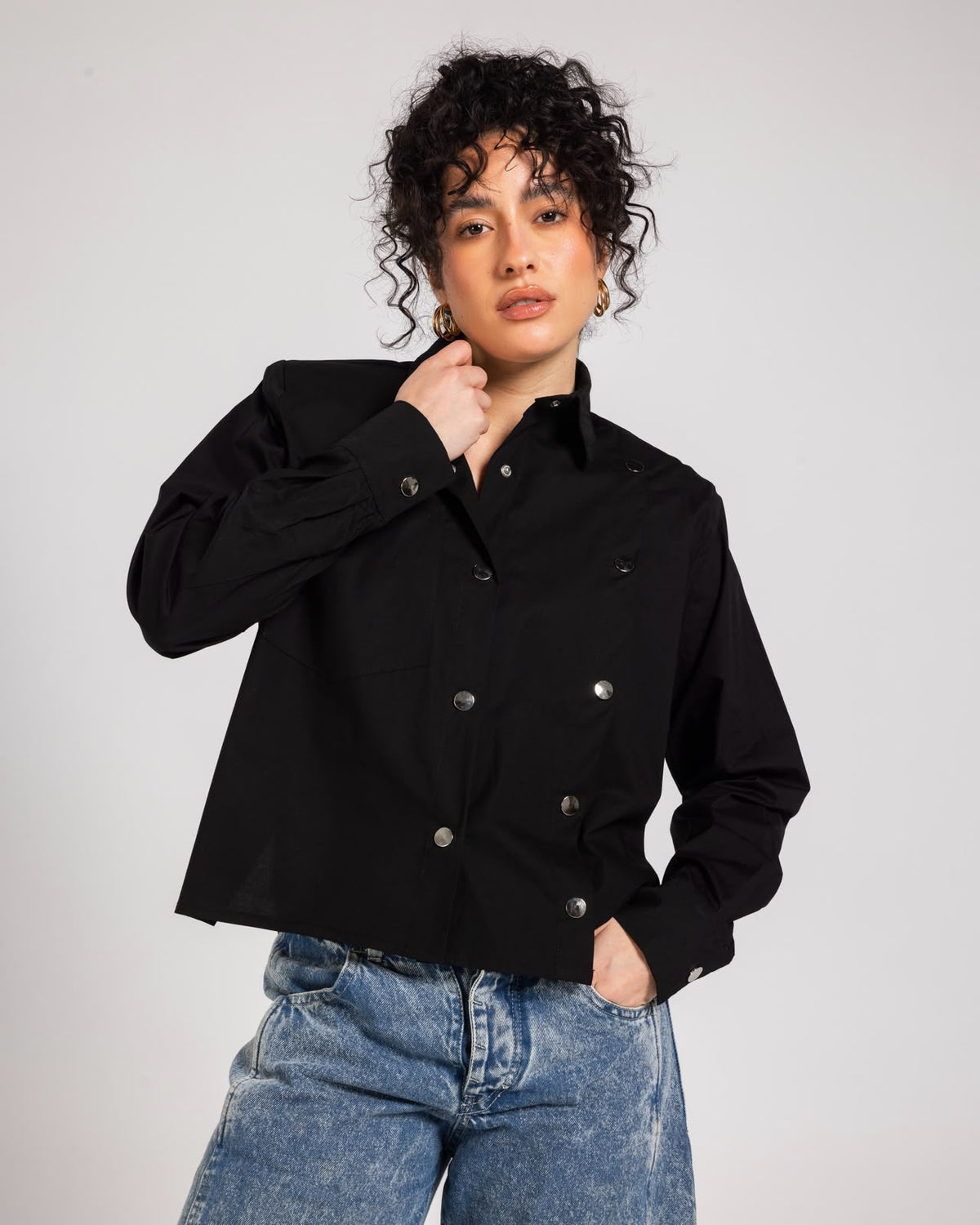Black  Buttoned Bold Shoulders Shirt