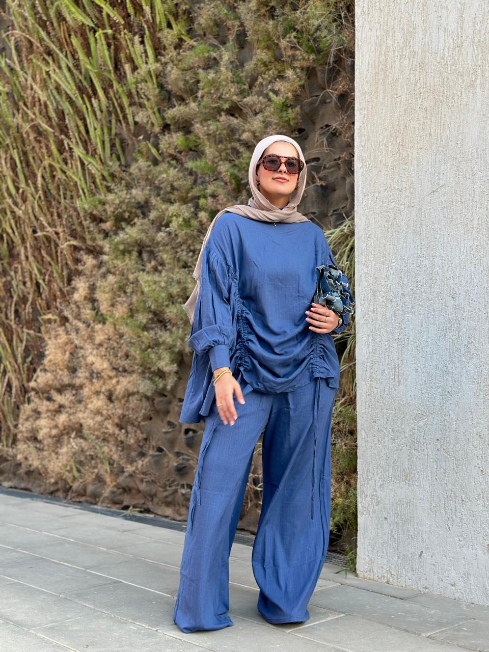 Blue Drawstring Linen Set