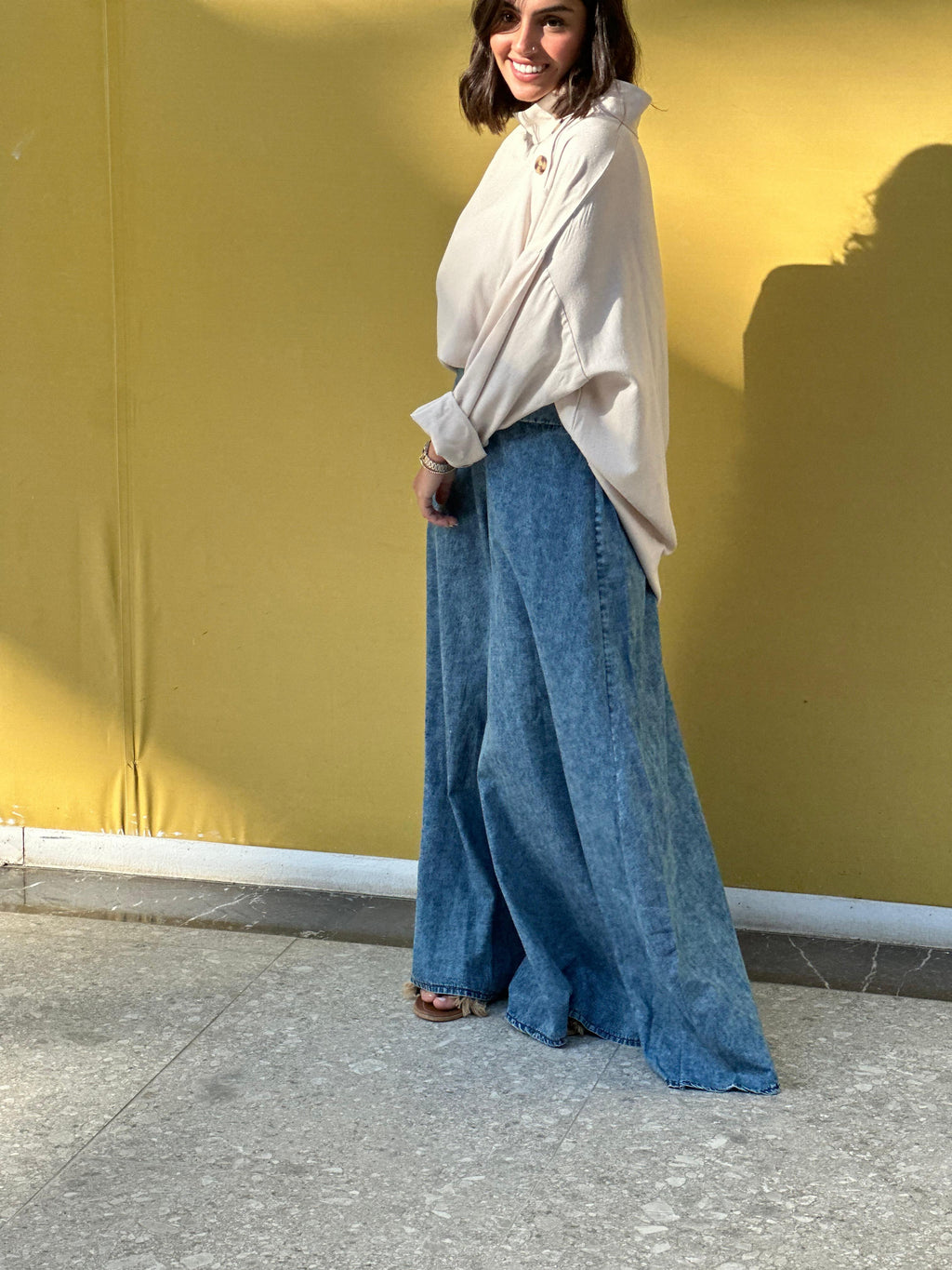 Beige Buttoned Collar Linen Shirt