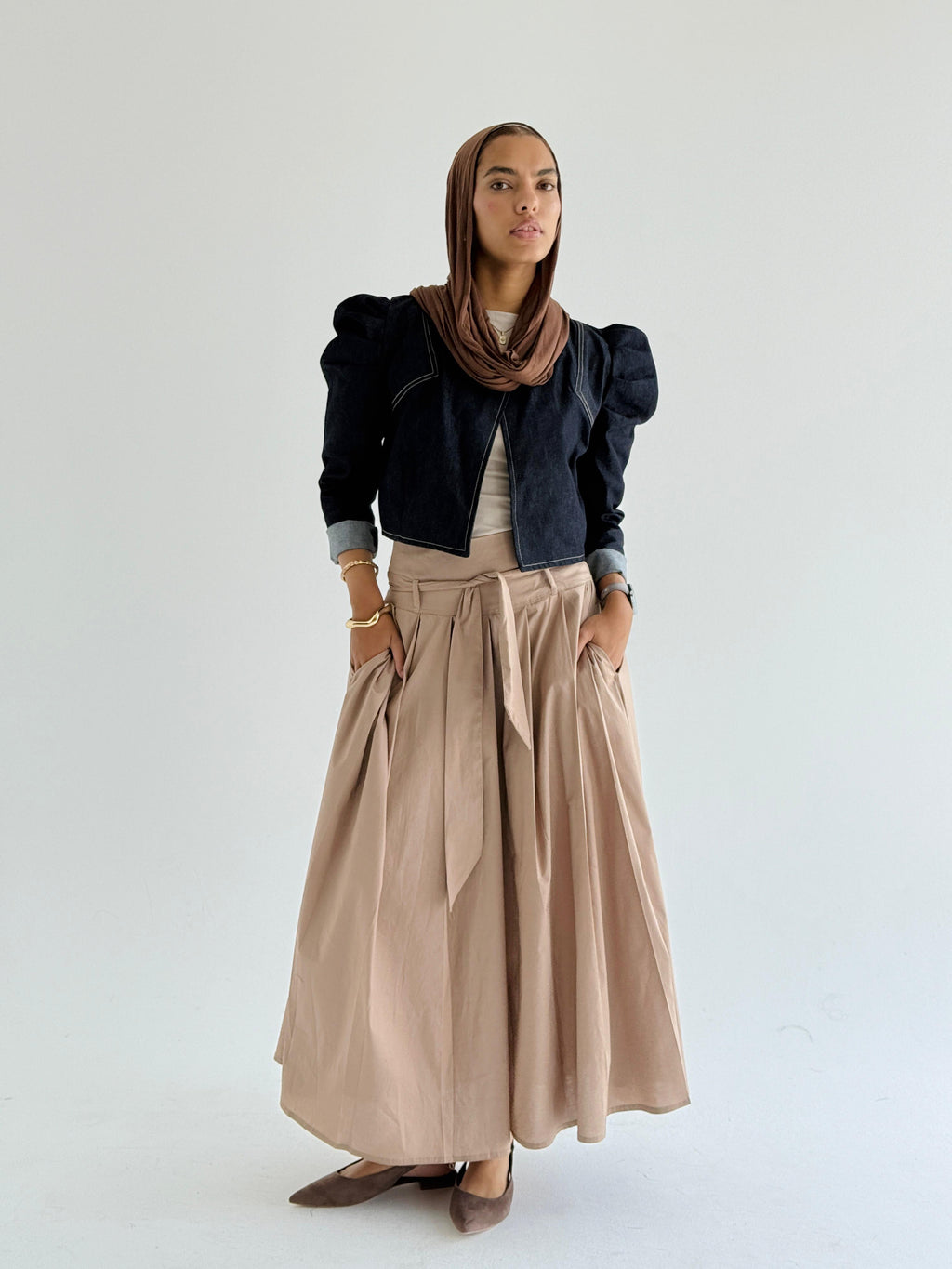 Cafe Belted Poplin Skirt