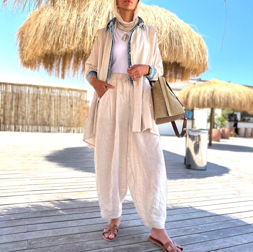 Beige Linen Balloon Pants